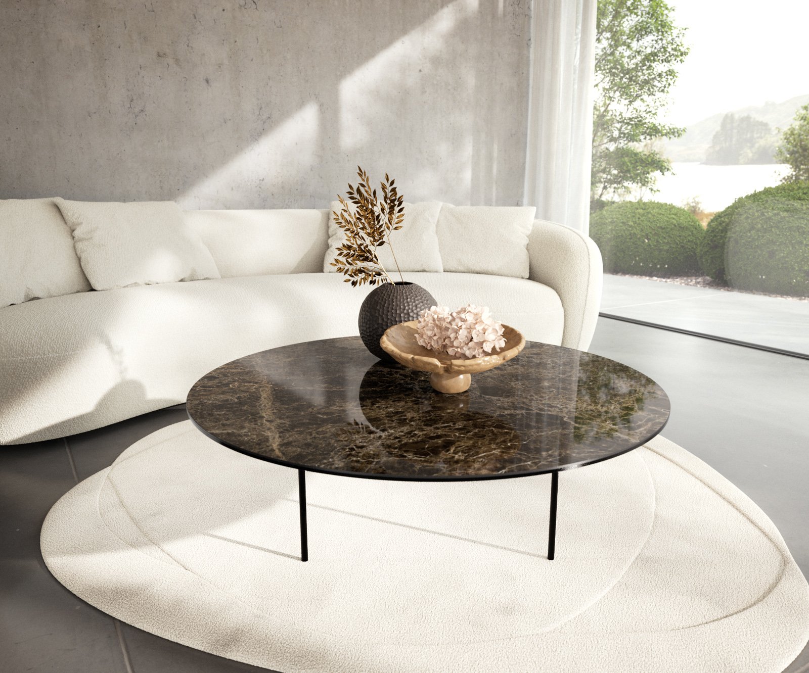 Konferenční stolek Edge kulatý 100x100 cm keramika Laminam® Emperador Extra Lucidato tmavě hnědá Trive kov černá