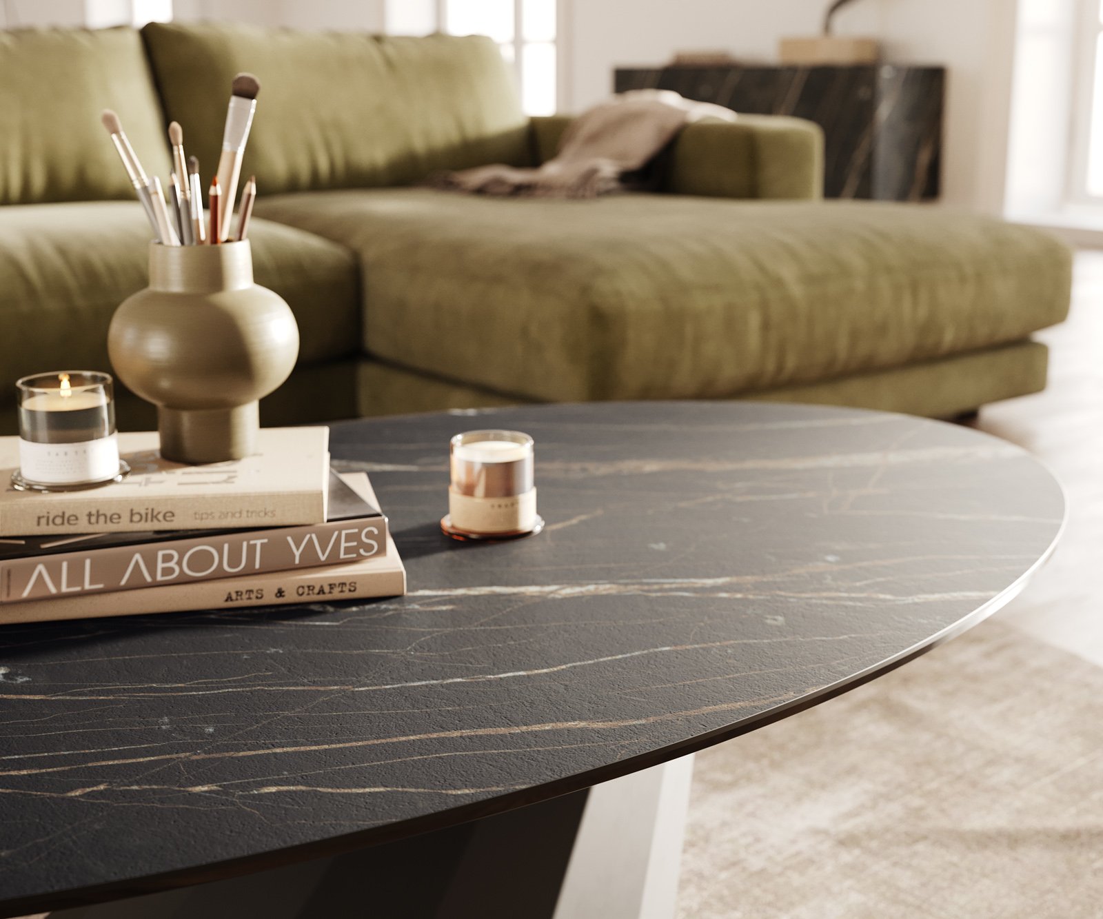 Konferenční stolek Edge oválný 140x80 cm keramika Laminam® Noir Desir hnědá Parabi kov černá - Obrázek 6