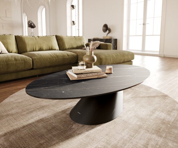 Konferenční stolek Edge oválný 140x80 cm keramika Laminam® Noir Desir hnědá Conis kov černá