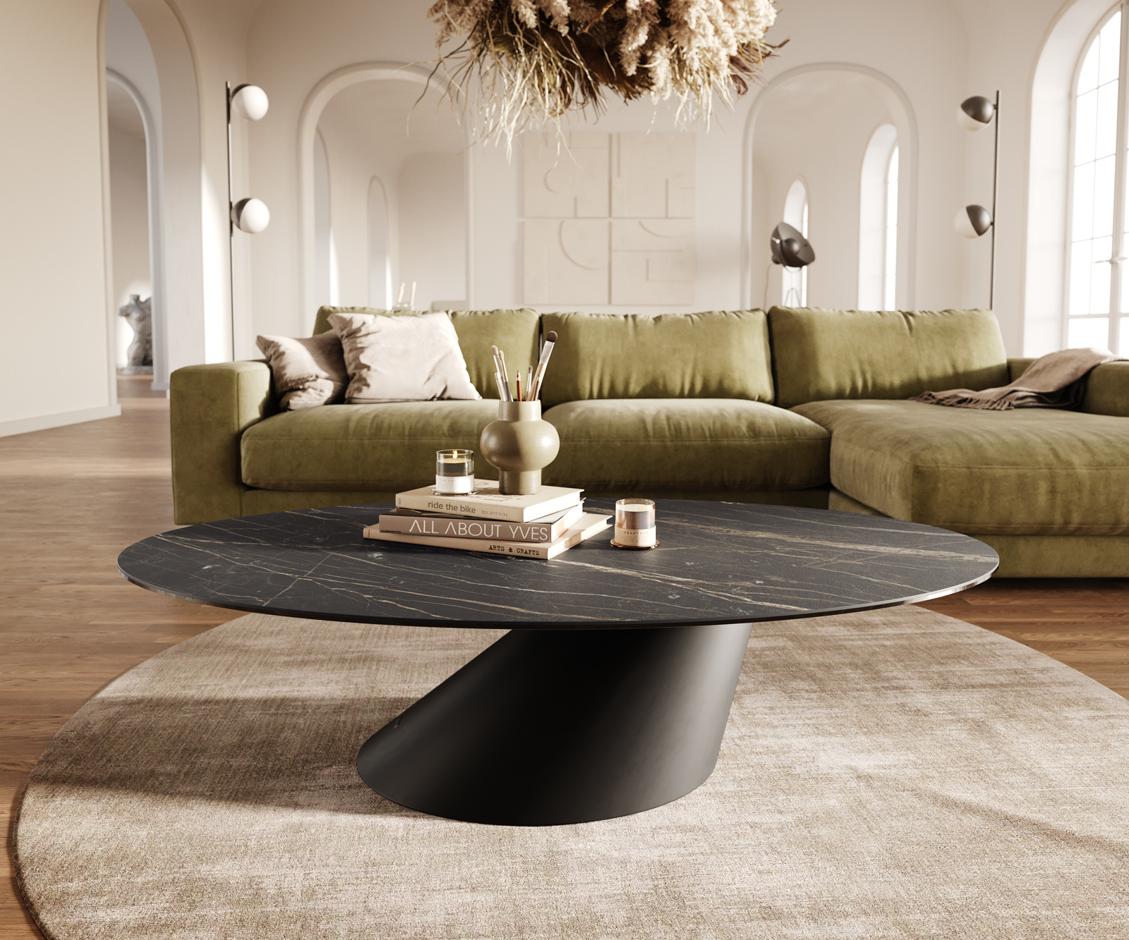 Konferenční stolek Edge oválný 140x80 cm keramika Laminam® Noir Desir hnědá Conis kov černá - Obrázek 2