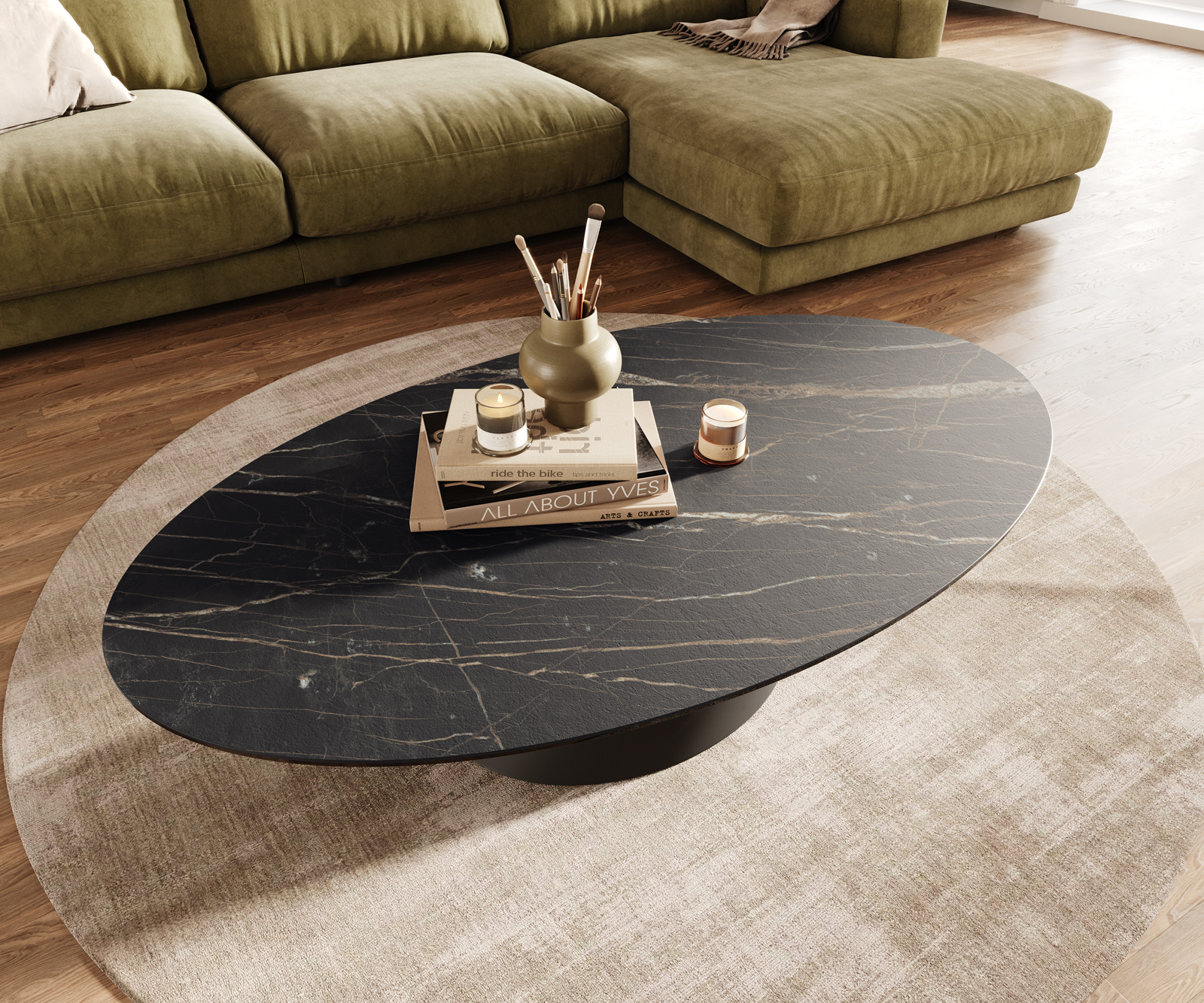 Konferenční stolek Edge oválný 140x80 cm keramika Laminam® Noir Desir hnědá Conis kov černá - Obrázek 4