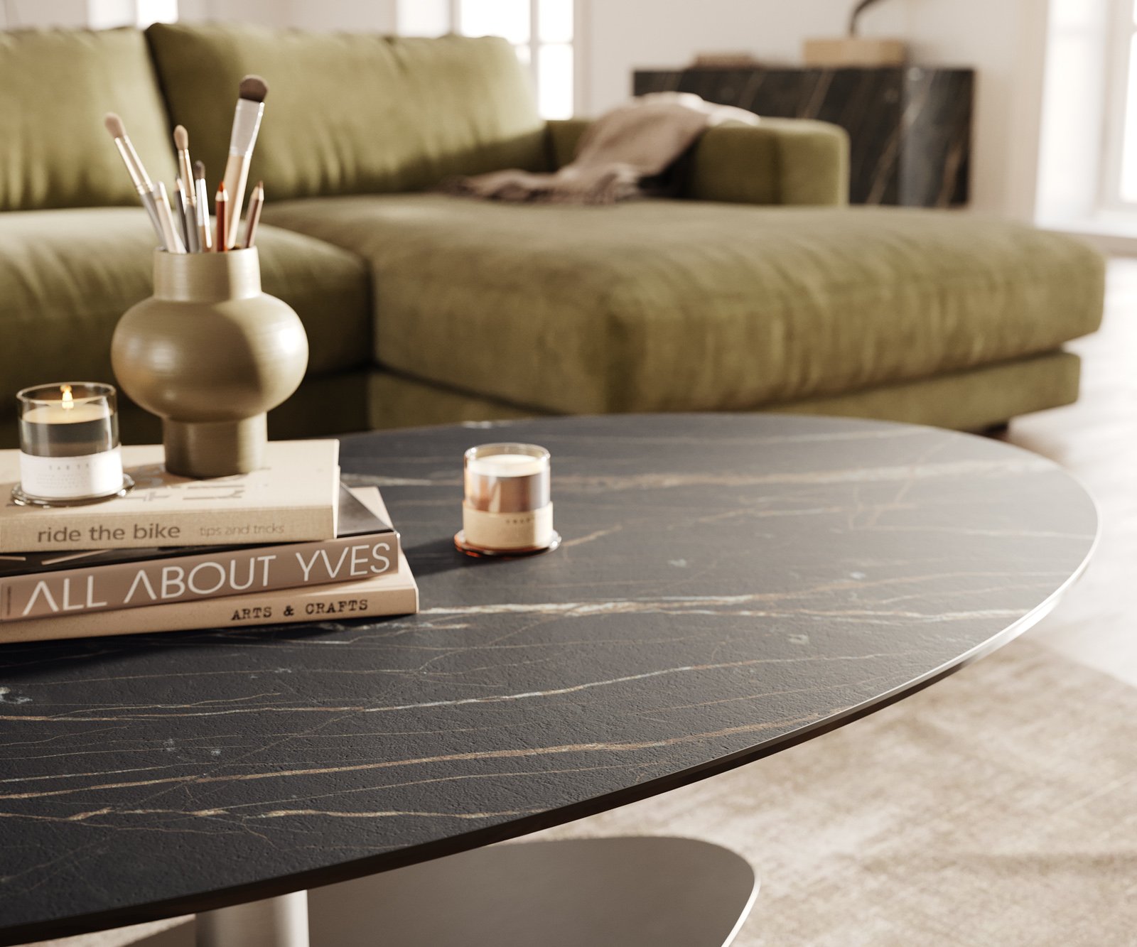 Konferenční stolek Edge oválný 140x80 cm keramika Laminam® Noir Desir hnědá Vibany nerezová ocel broušená - Obrázek 6