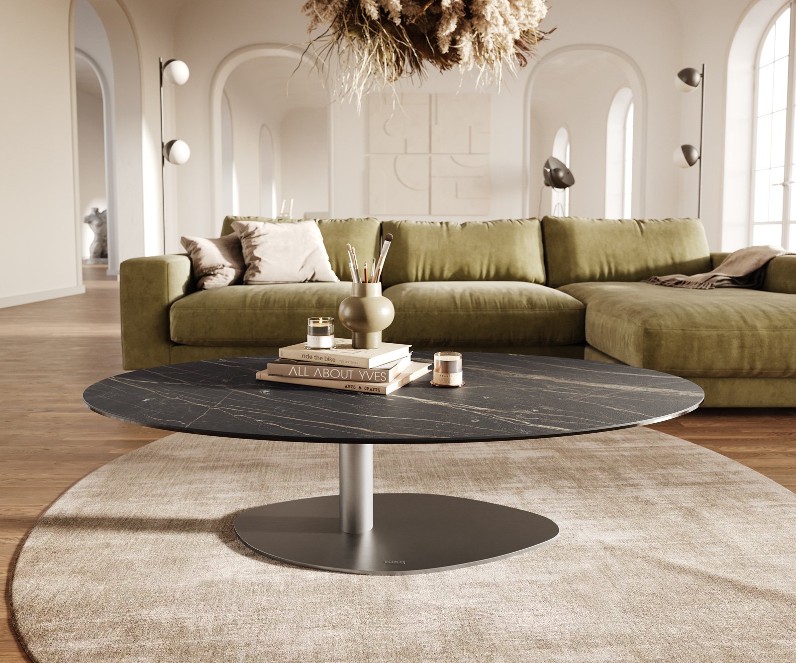 Konferenční stolek Edge oválný 140x80 cm keramika Laminam® Noir Desir hnědá Vibany nerezová ocel broušená - Obrázek 2