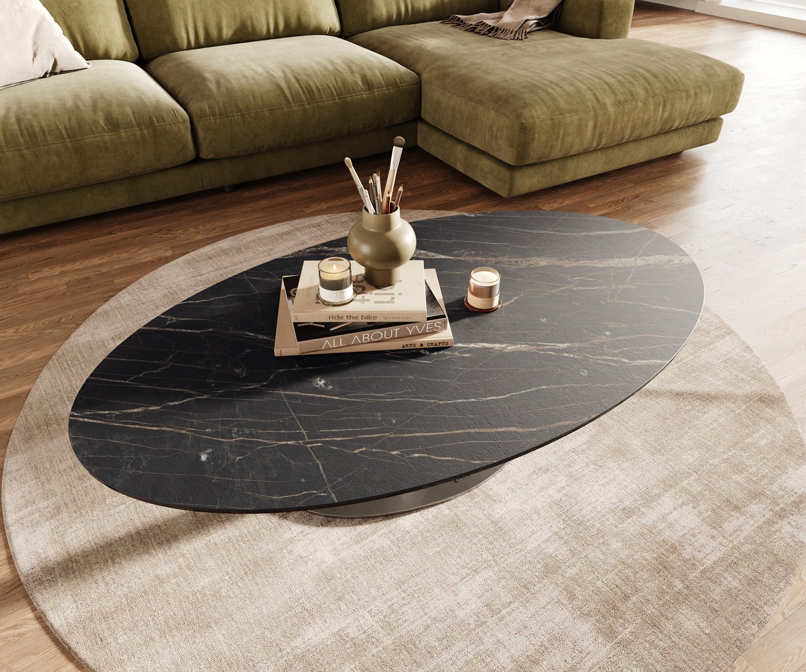 Konferenční stolek Edge oválný 140x80 cm keramika Laminam® Noir Desir hnědá Vibany nerezová ocel broušená - Obrázek 4