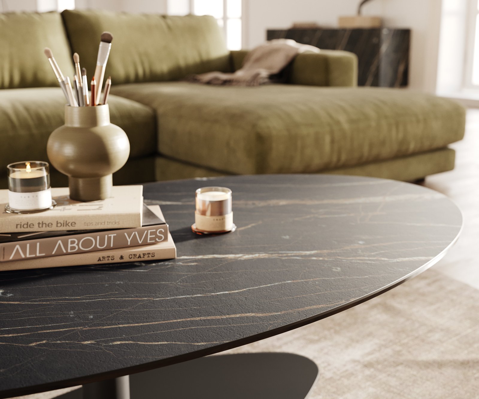 Konferenční stolek Edge oválný 140x80 cm keramika Laminam® Noir Desir hnědá Vibany kov černá - Obrázek 6