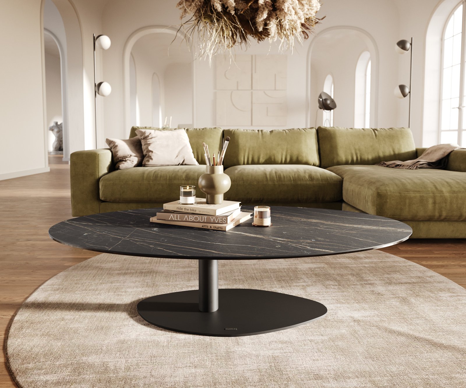 Konferenční stolek Edge oválný 140x80 cm keramika Laminam® Noir Desir hnědá Vibany kov černá - Obrázek 2