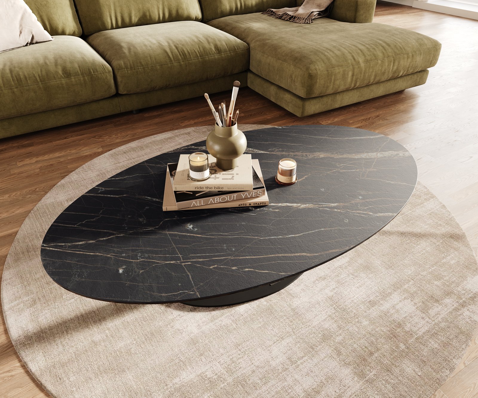 Konferenční stolek Edge oválný 140x80 cm keramika Laminam® Noir Desir hnědá Vibany kov černá - Obrázek 4