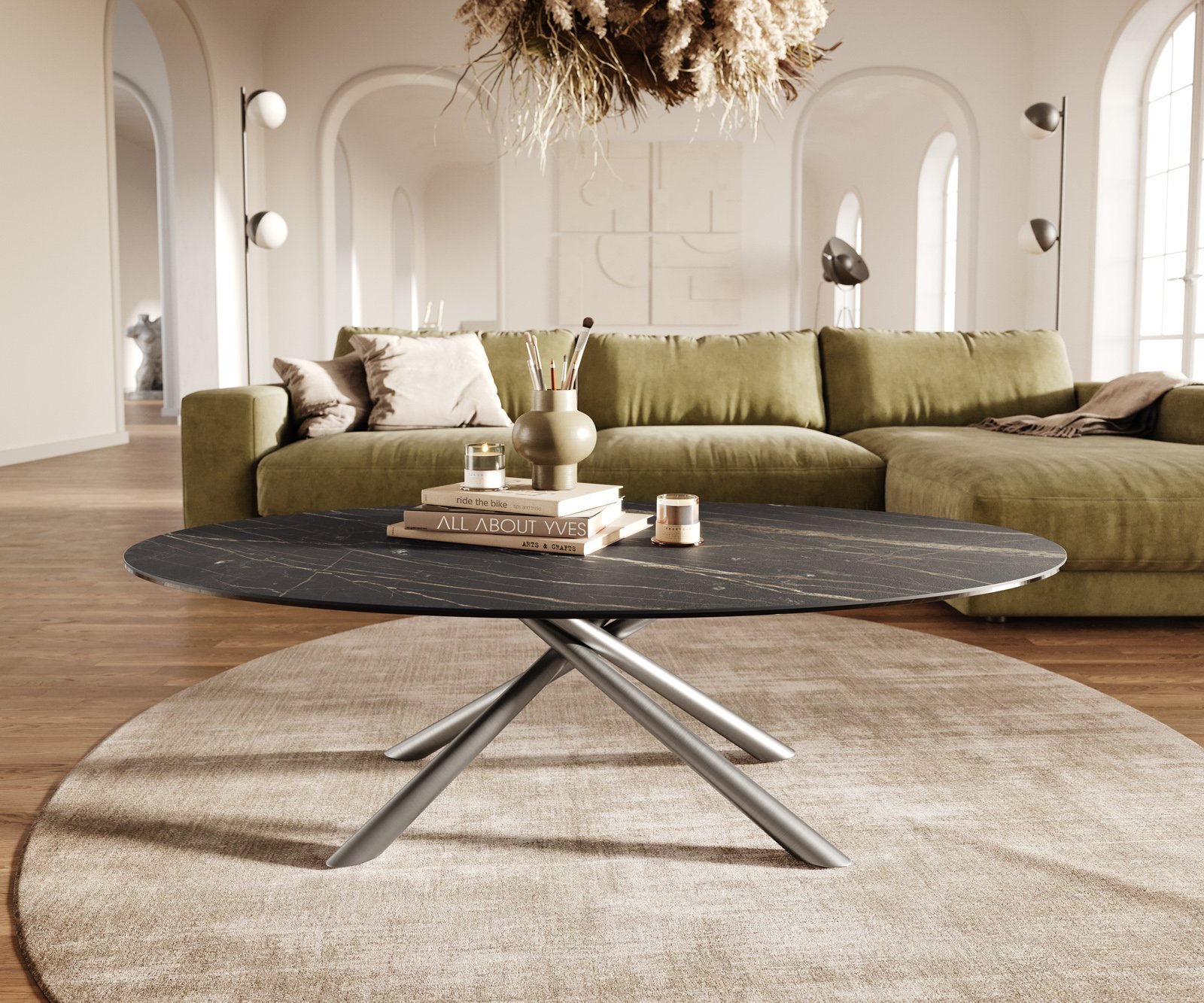 Konferenční stolek Edge oválný 140x80 cm keramika Laminam® Noir Desir hnědá Sarity nerezová ocel broušená - Obrázek 2