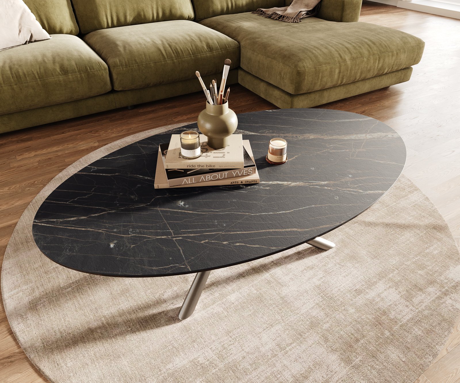 Konferenční stolek Edge oválný 140x80 cm keramika Laminam® Noir Desir hnědá Sarity nerezová ocel broušená - Obrázek 4