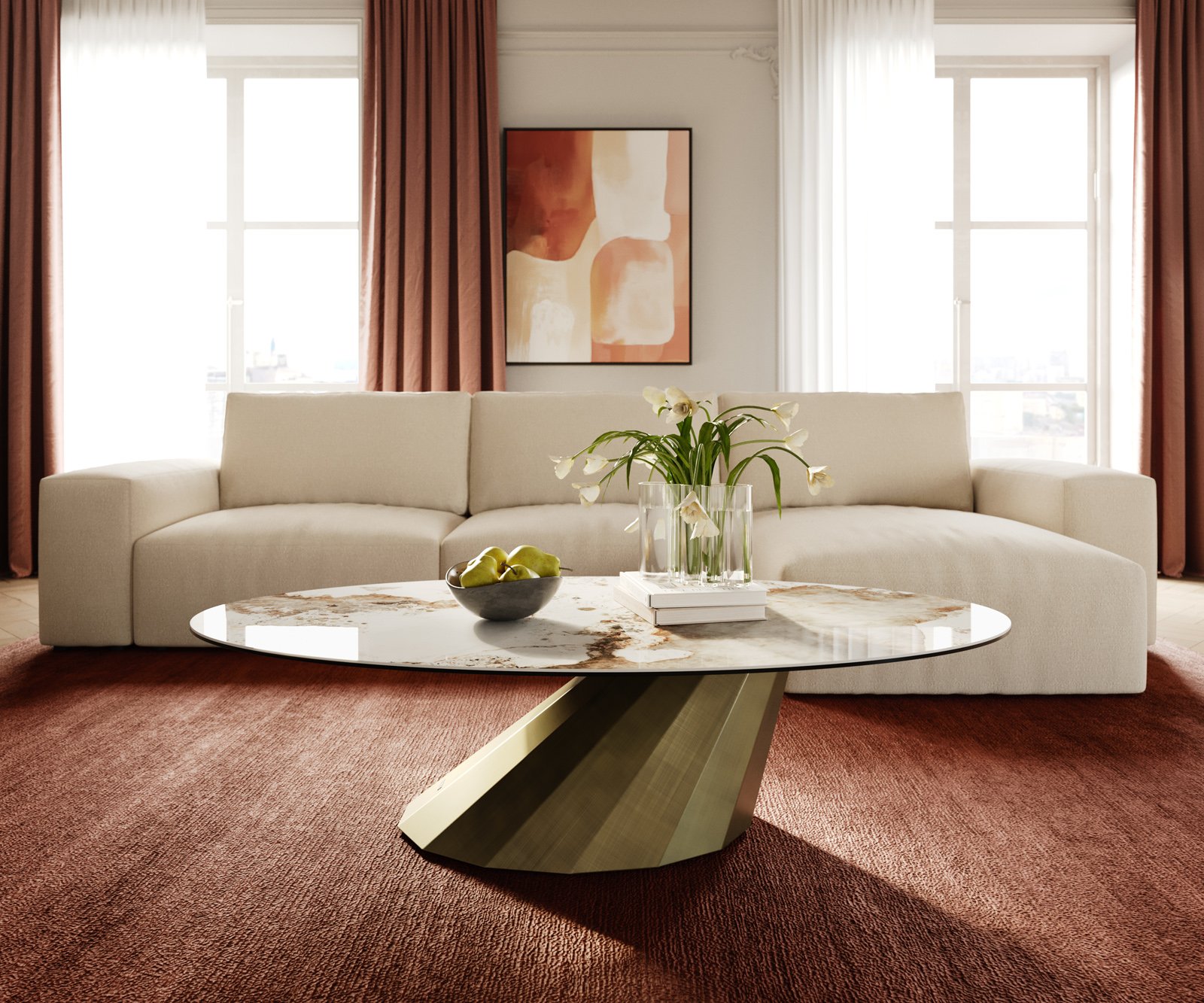 Konferenční stolek Edge oválný 140x80 cm keramika Minas Melange Parabi kov zlatá - Obrázek 2