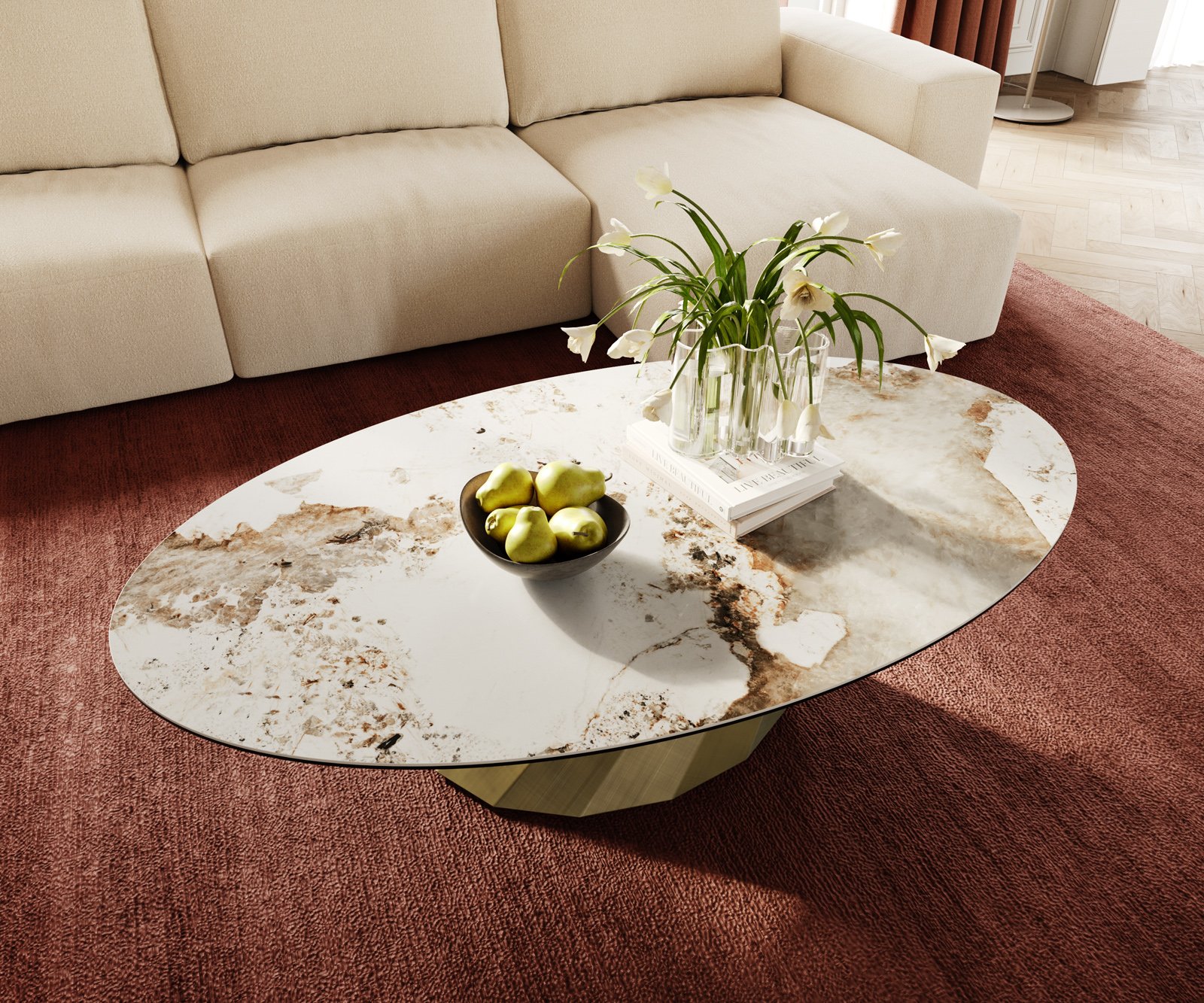 Konferenční stolek Edge oválný 140x80 cm keramika Minas Melange Parabi kov zlatá - Obrázek 4