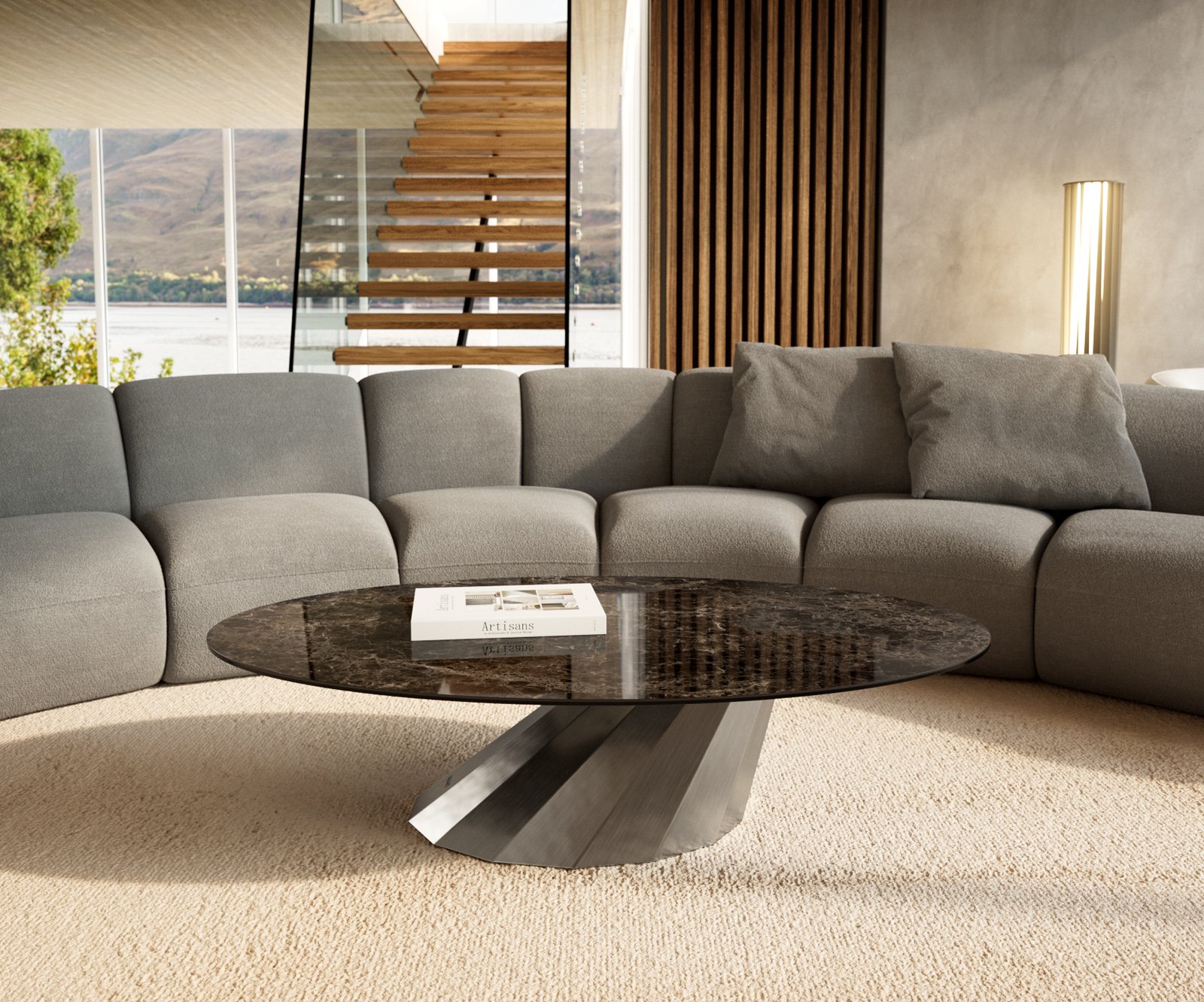 Konferenční stolek Edge oválný 140x80 cm keramika Laminam® Emperador Extra Lucidato tmavě hnědá Parabi nerezová ocel broušená - Obrázek 2