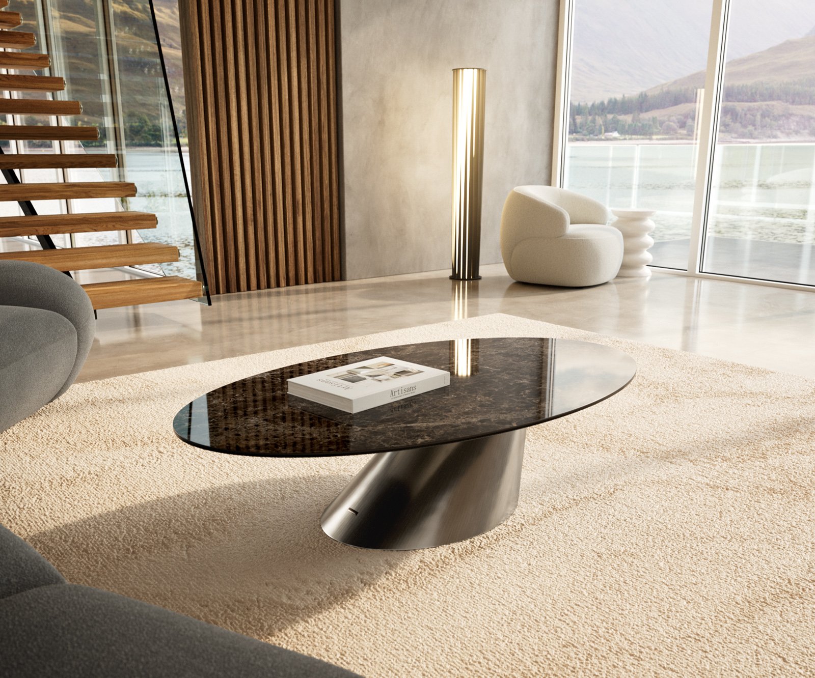 Konferenční stolek Edge oválný 140x80 cm keramika Laminam® Emperador Extra Lucidato tmavě hnědá Conis nerezová ocel broušená