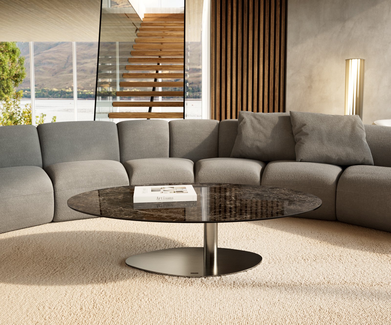 Konferenční stolek Edge oválný 140x80 cm keramika Laminam® Emperador Extra Lucidato tmavě hnědá Vibany nerezová ocel broušená - Obrázek 2