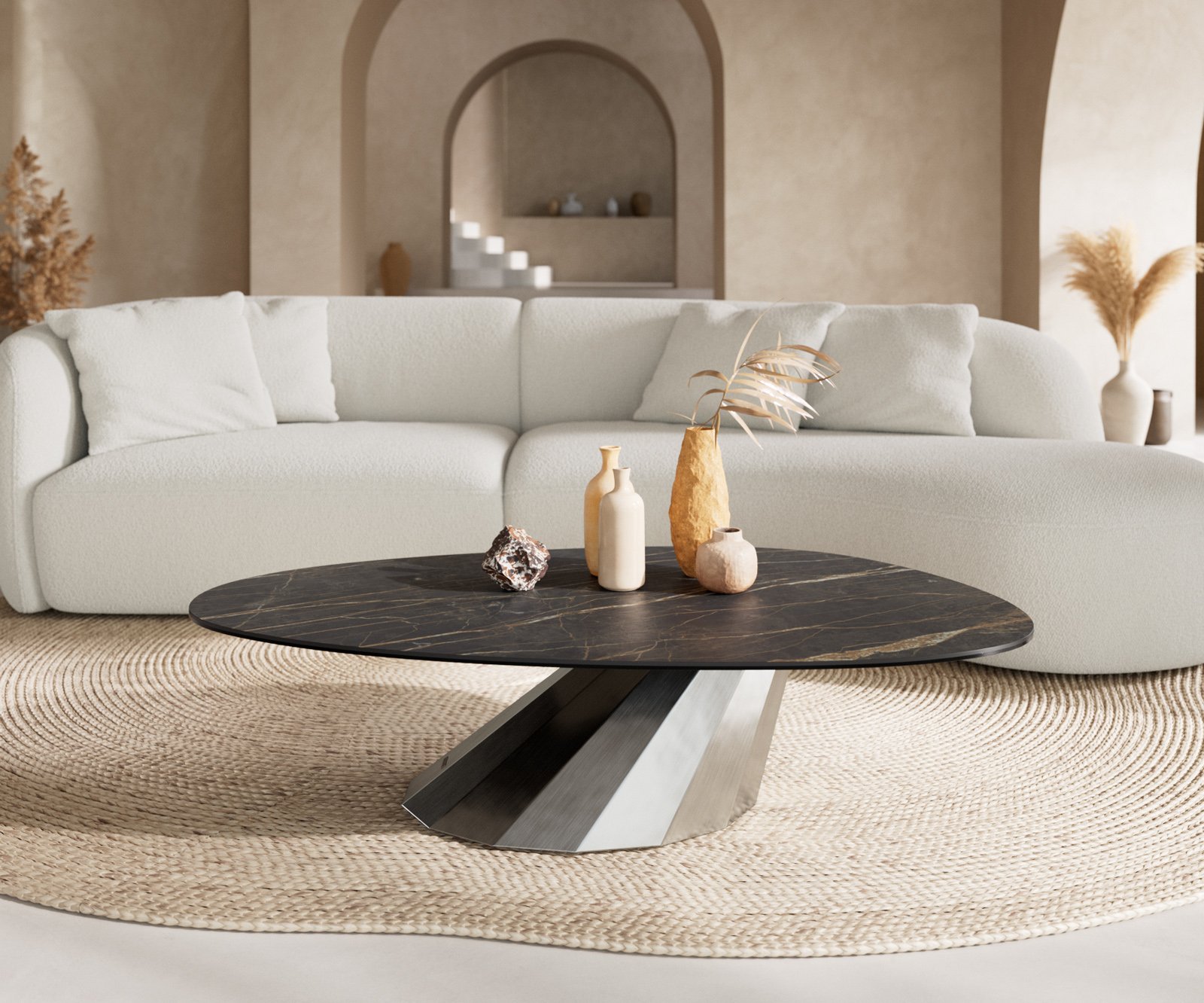 Konferenční stolek Edge oválný 140x75 cm keramika Laminam® Noir Desir hnědá Parabi nerezová ocel broušená - Obrázek 2