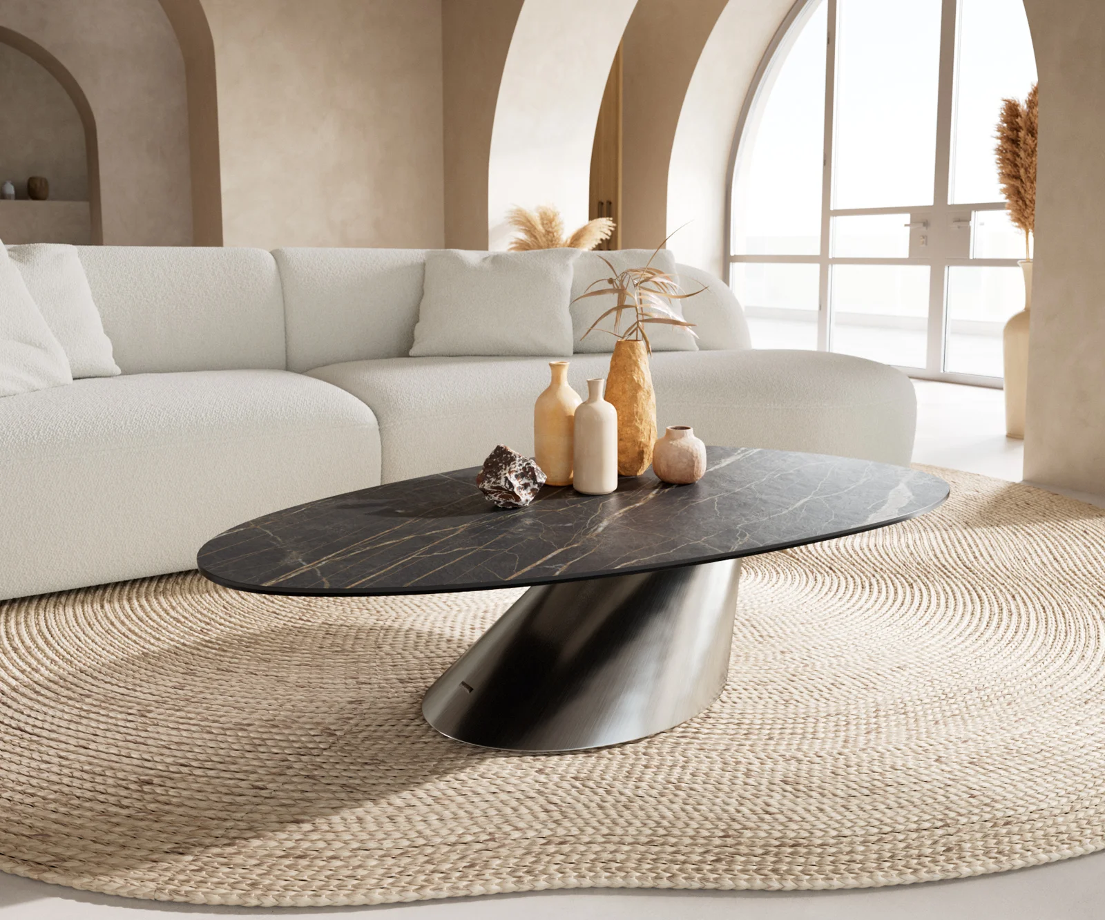 Konferenční stolek Edge oválný 140x75 cm keramika Laminam® Noir Desir hnědá Conis nerezová ocel broušená
