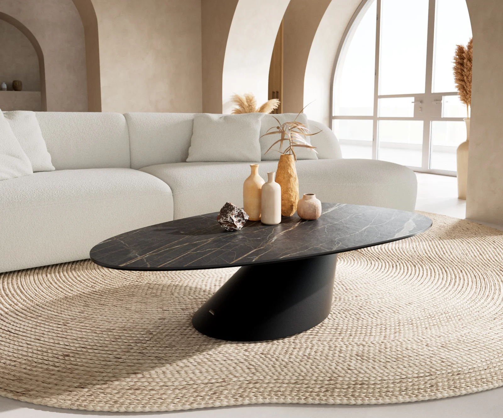Konferenční stolek Edge oválný 140x75 cm keramika Laminam® Noir Desir hnědá Conis kov černá