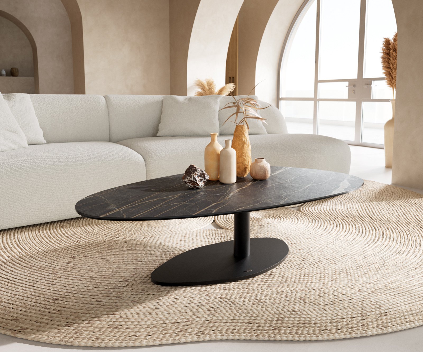 Konferenční stolek Edge oválný 140x75 cm keramika Laminam® Noir Desir hnědý Vibany kov černý
