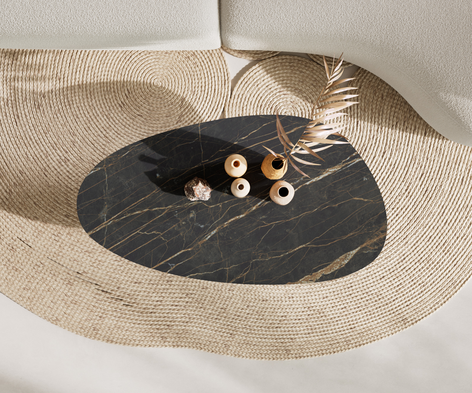 Konferenční stolek Edge oválný 140x75 cm keramika Laminam® Noir Desir hnědý Vibany kov černý - Obrázek 6