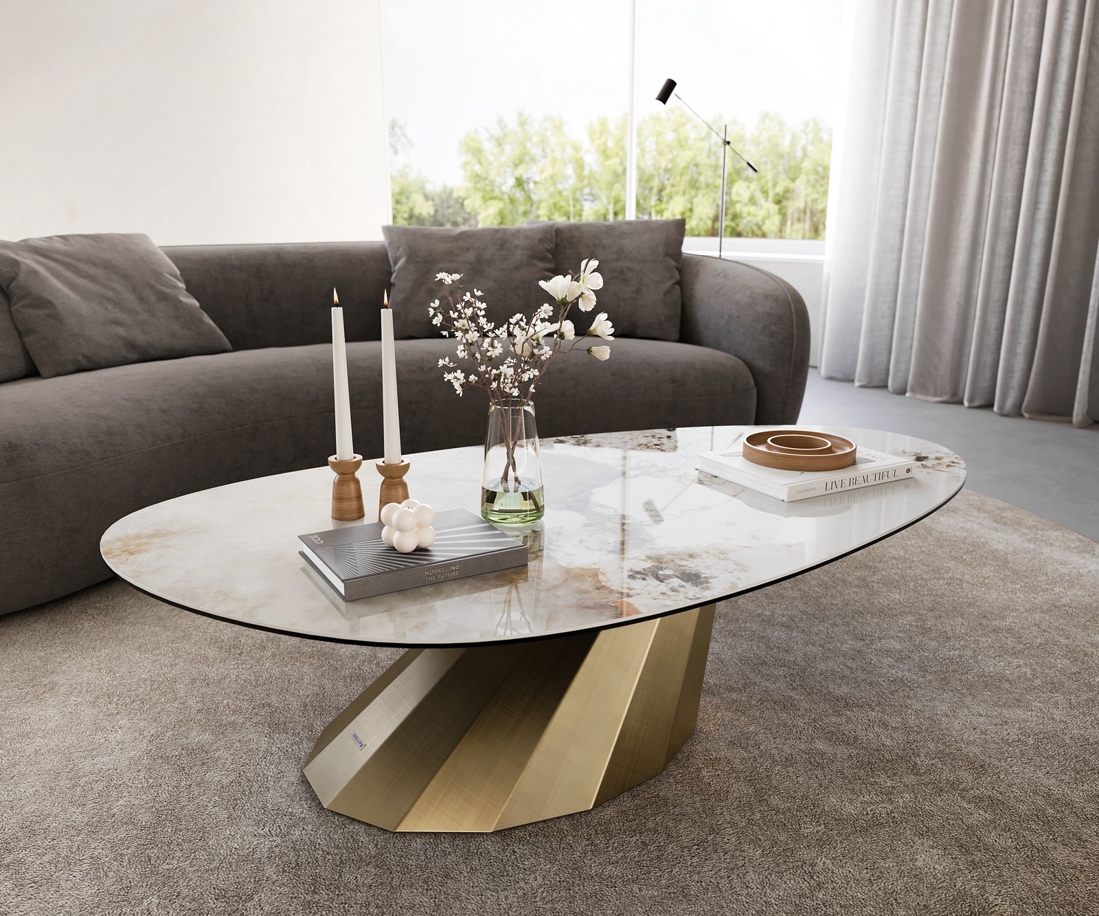 Konferenční stolek Edge oválný 140x75 cm keramika Minas Melange Parabi metalická zlatá