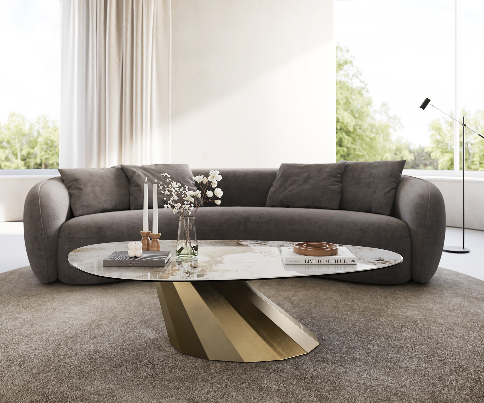 Konferenční stolek Edge oválný 140x75 cm keramika Minas Melange Parabi metalická zlatá - Obrázek 2