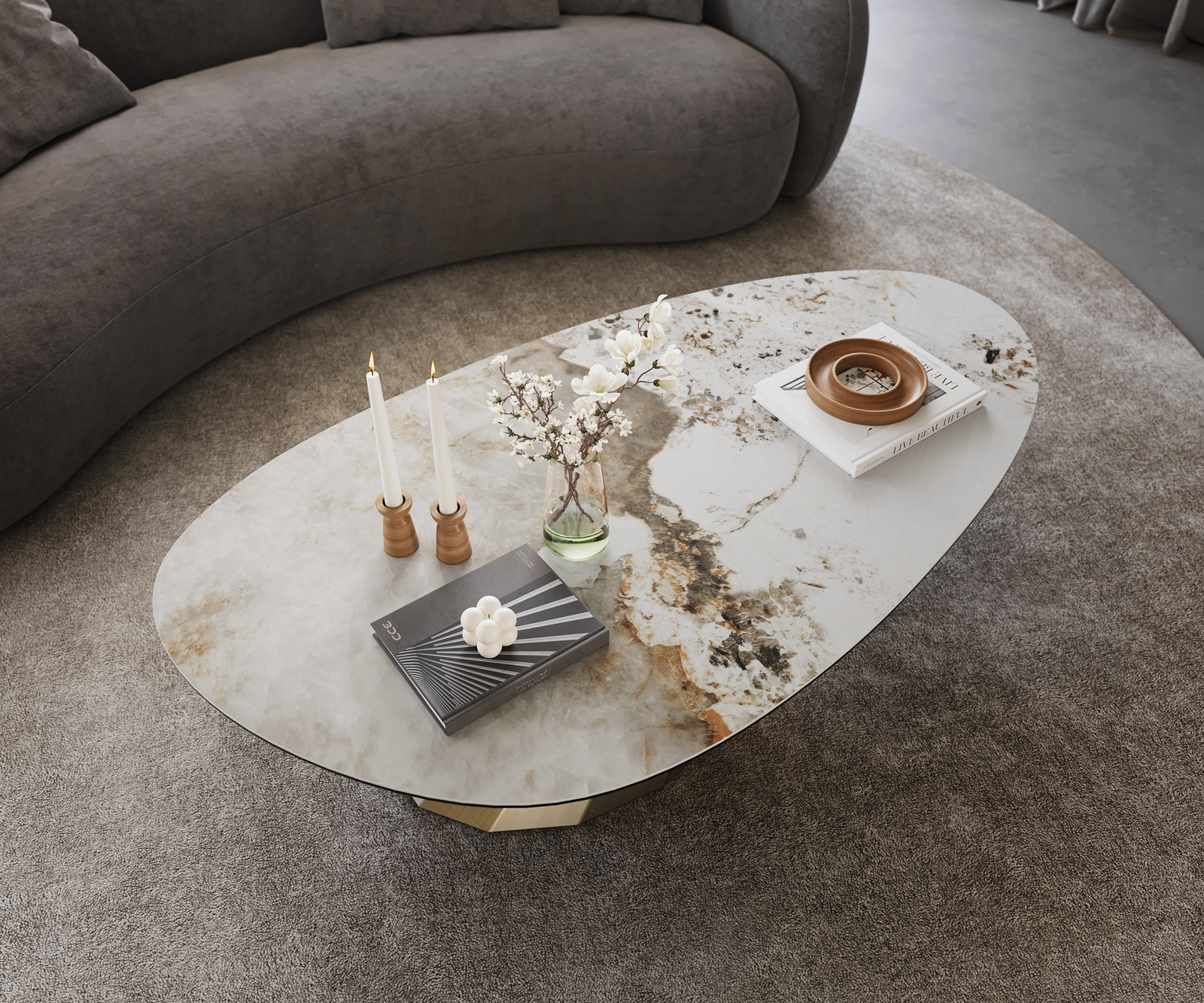 Konferenční stolek Edge oválný 140x75 cm keramika Minas Melange Parabi metalická zlatá - Obrázek 4