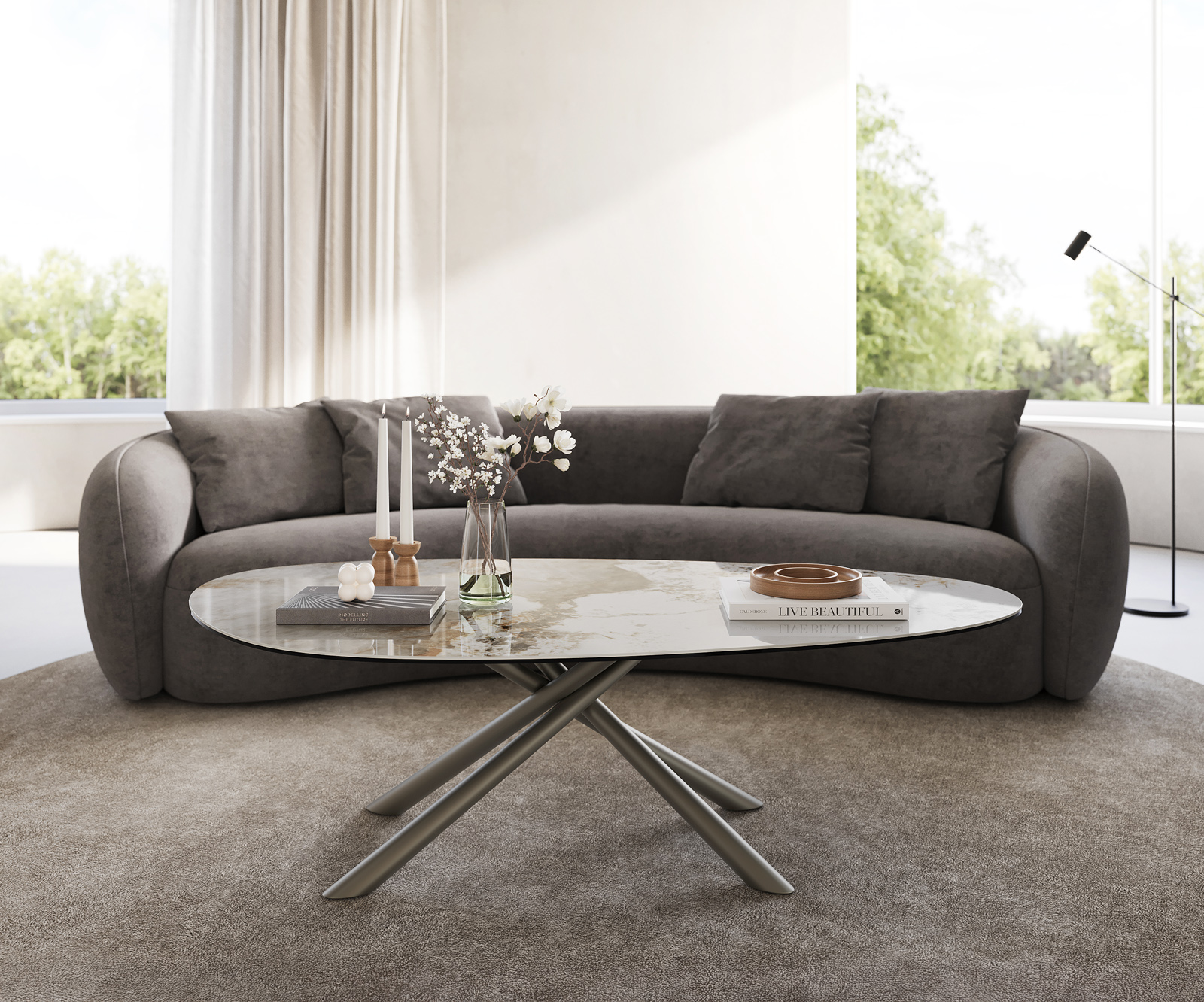 Konferenční stolek Edge oválný 140x75 cm keramika Minas Melange Sarity kov titanová barva - Obrázek 2