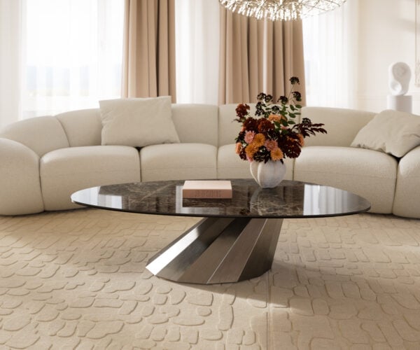 Konferenční stolek Edge oválný 140x75 cm keramika Laminam® Emperador Extra Lucidato tmavě hnědá Parabi nerezová ocel broušená - Obrázek 2
