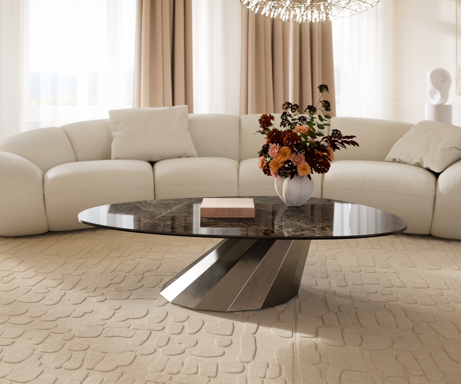 Konferenční stolek Edge oválný 140x75 cm keramika Laminam® Emperador Extra Lucidato tmavě hnědá Parabi nerezová ocel broušená - Obrázek 2