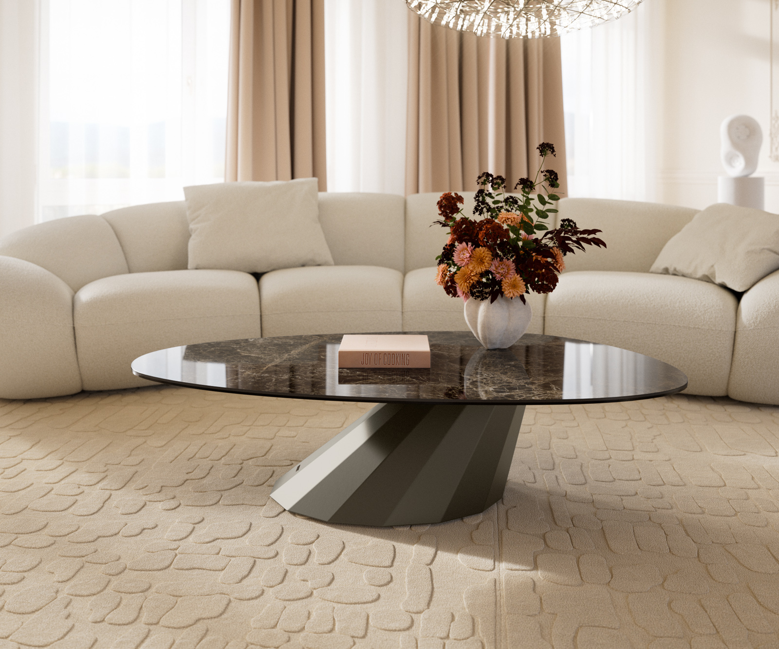 Konferenční stolek Edge oválný 140x75 cm keramika Laminam® Emperador Extra Lucidato tmavě hnědá Parabi kov titanová barva - Obrázek 2