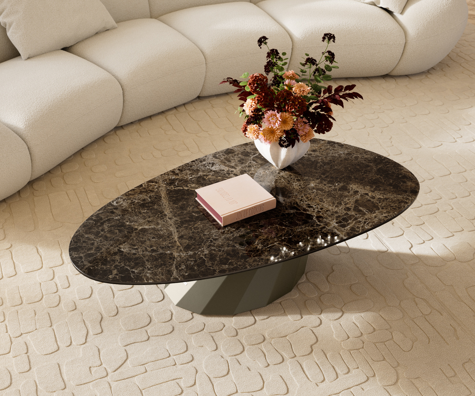 Konferenční stolek Edge oválný 140x75 cm keramika Laminam® Emperador Extra Lucidato tmavě hnědá Parabi kov titanová barva - Obrázek 4
