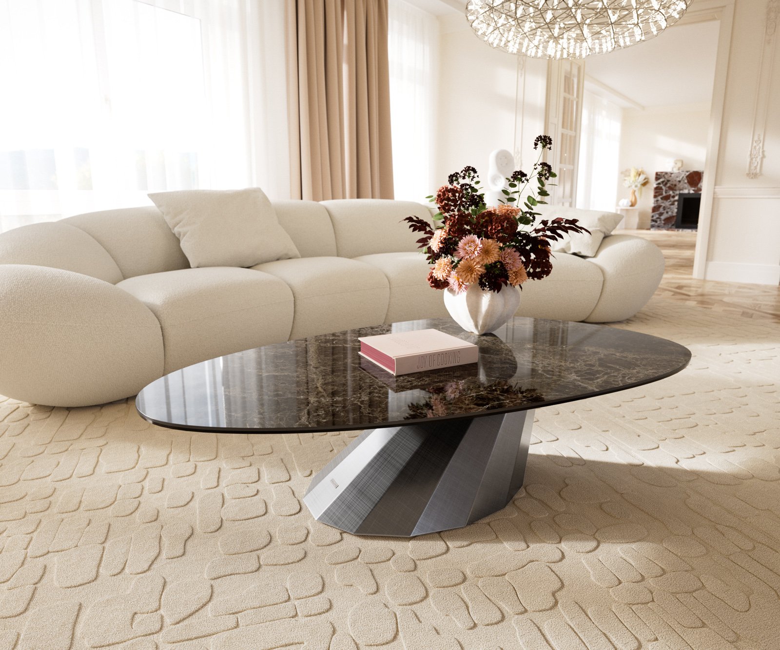 Konferenční stolek Edge oválný 140x75 cm keramika Laminam® Emperador Extra Lucidato tmavě hnědá Parabi Metallic stříbrná