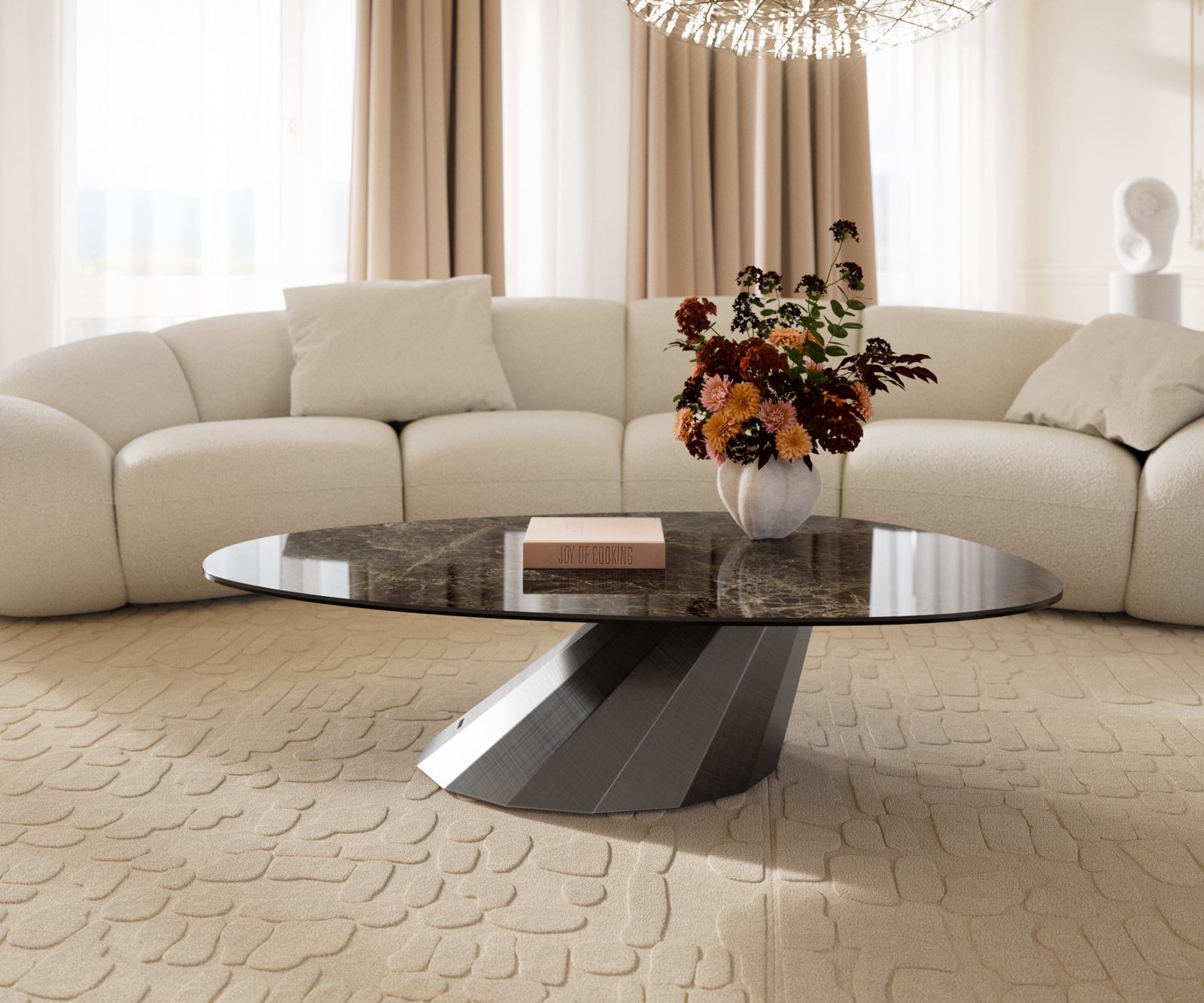 Konferenční stolek Edge oválný 140x75 cm keramika Laminam® Emperador Extra Lucidato tmavě hnědá Parabi Metallic stříbrná - Obrázek 2
