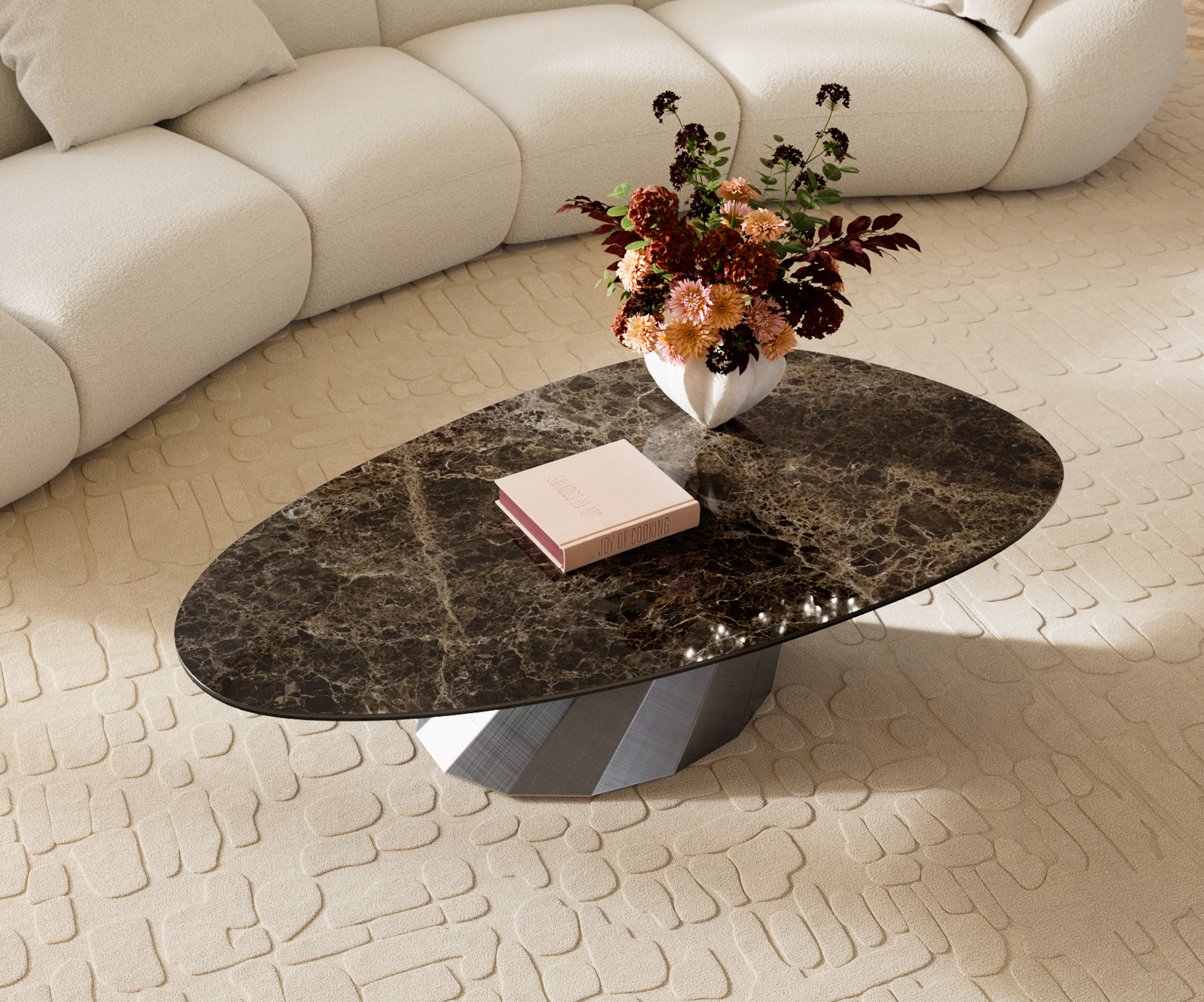 Konferenční stolek Edge oválný 140x75 cm keramika Laminam® Emperador Extra Lucidato tmavě hnědá Parabi Metallic stříbrná - Obrázek 4