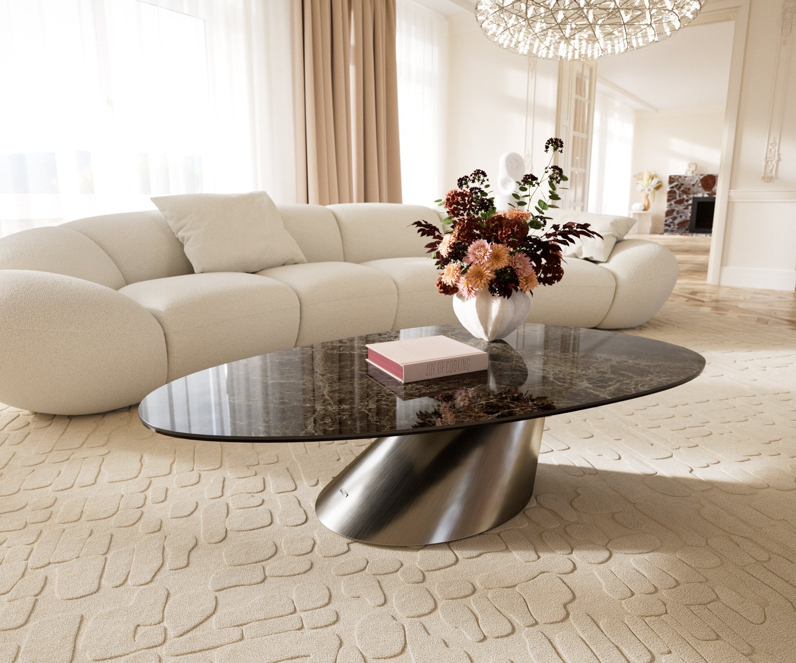 Konferenční stolek Edge oválný 140x75 cm keramika Laminam® Emperador Extra Lucidato tmavě hnědá Conis nerezová ocel broušená