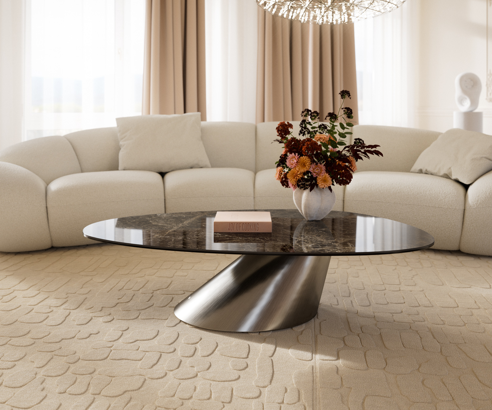 Konferenční stolek Edge oválný 140x75 cm keramika Laminam® Emperador Extra Lucidato tmavě hnědá Conis nerezová ocel broušená - Obrázek 2