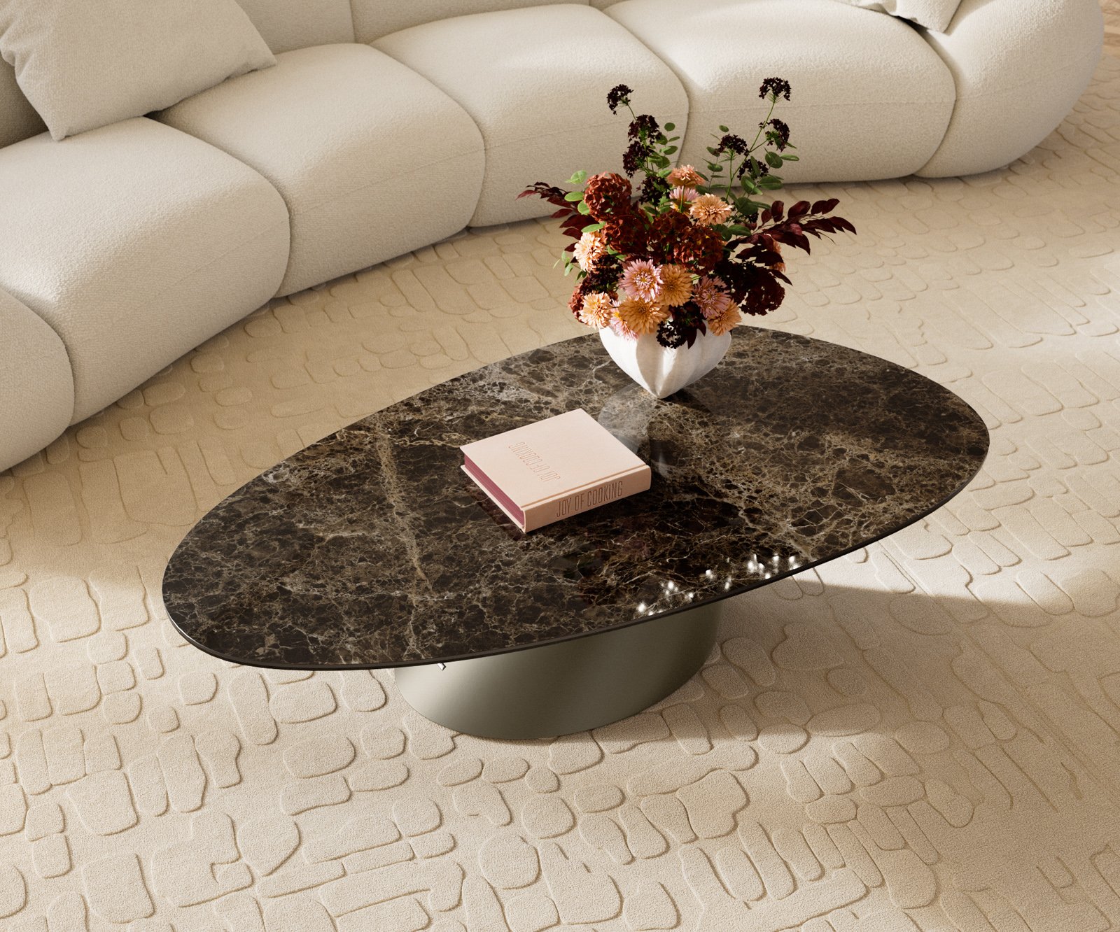 Konferenční stolek Edge oválný 140x75 cm keramika Laminam® Emperador Extra Lucidato tmavě hnědá Conis kov titanová barva - Obrázek 4