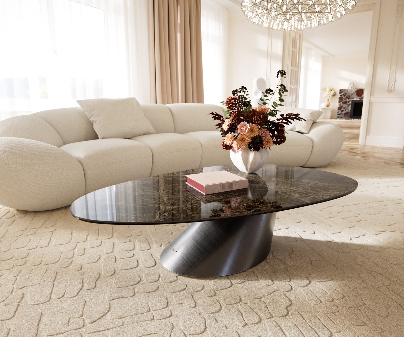 Konferenční stolek Edge oválný 140x75 cm keramika Laminam® Emperador Extra Lucidato tmavě hnědá Conis Metallic stříbrná