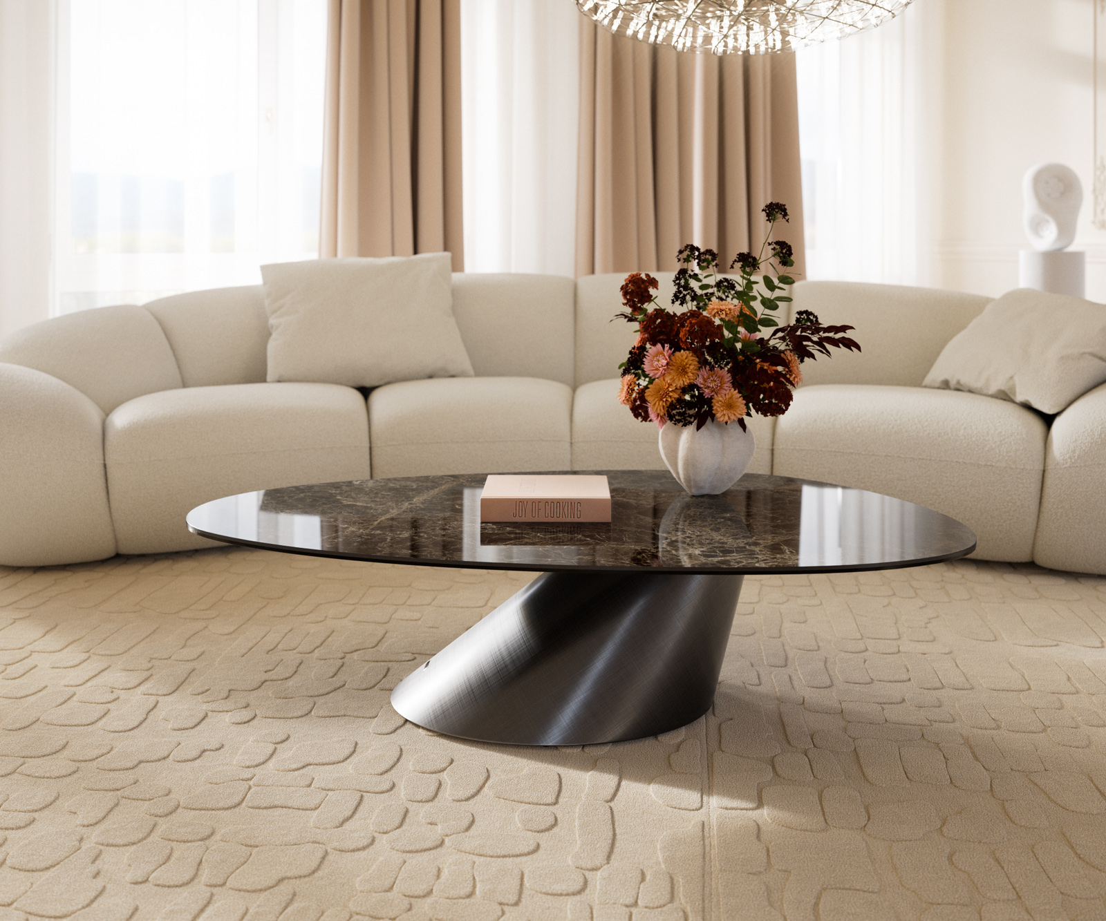 Konferenční stolek Edge oválný 140x75 cm keramika Laminam® Emperador Extra Lucidato tmavě hnědá Conis Metallic stříbrná - Obrázek 2