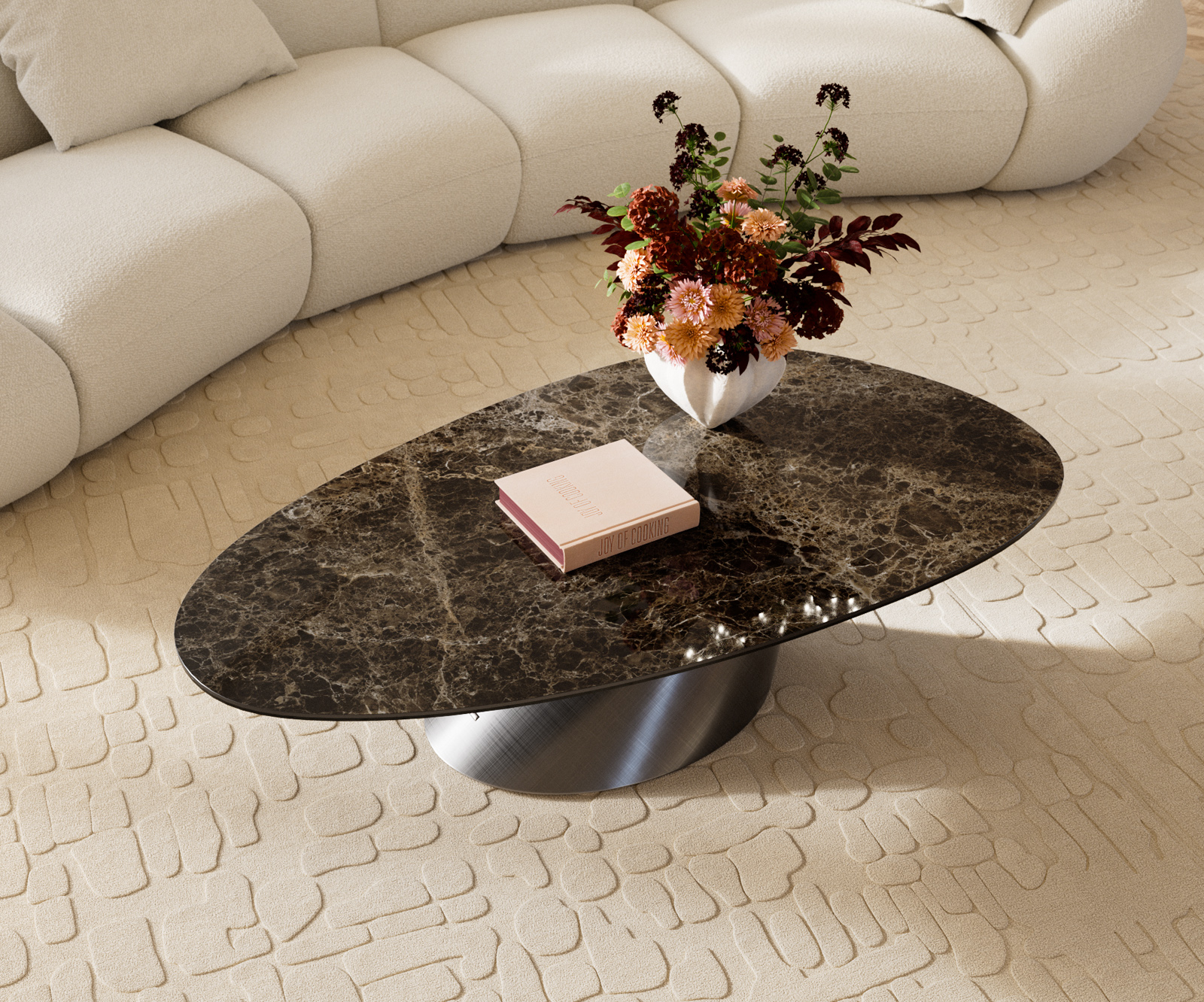 Konferenční stolek Edge oválný 140x75 cm keramika Laminam® Emperador Extra Lucidato tmavě hnědá Conis Metallic stříbrná - Obrázek 4