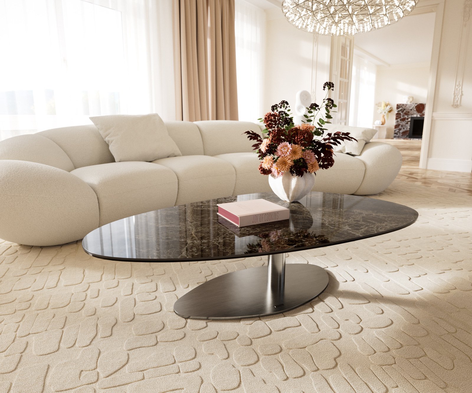 Konferenční stolek Edge oválný 140x75 cm keramika Laminam® Emperador Extra Lucidato tmavě hnědá Vibany nerezová ocel broušená