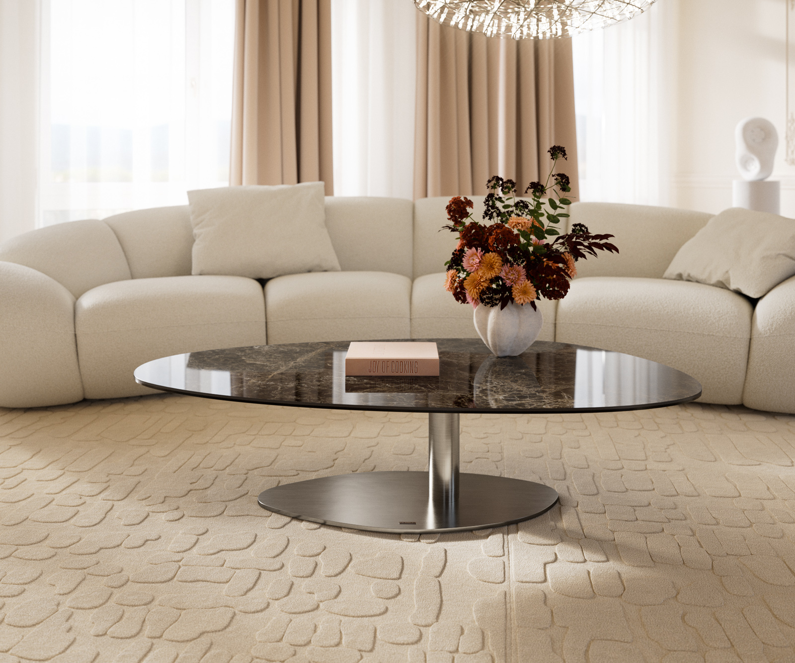 Konferenční stolek Edge oválný 140x75 cm keramika Laminam® Emperador Extra Lucidato tmavě hnědá Vibany nerezová ocel broušená - Obrázek 2