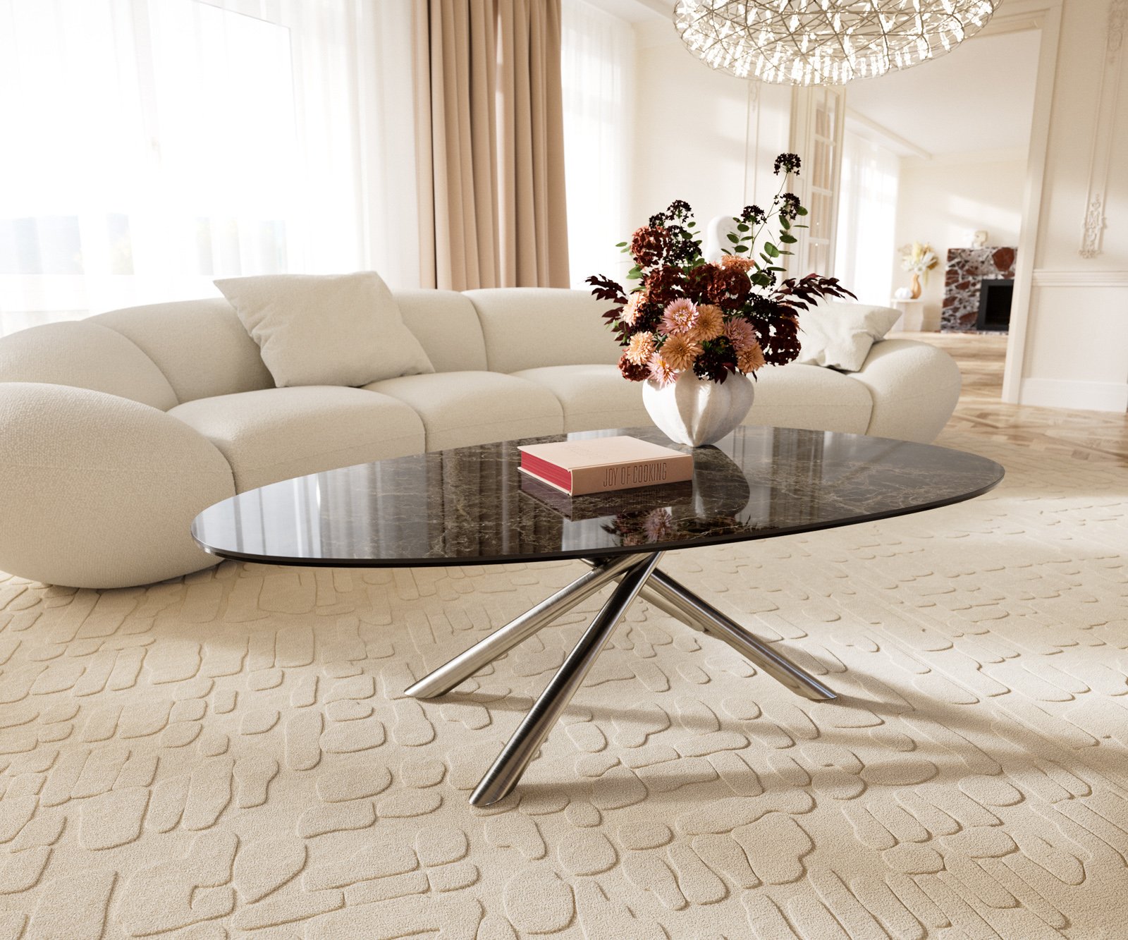 Konferenční stolek Edge oválný 140x75 cm keramika Laminam® Emperador Extra Lucidato tmavě hnědá Sarity nerezová ocel broušená