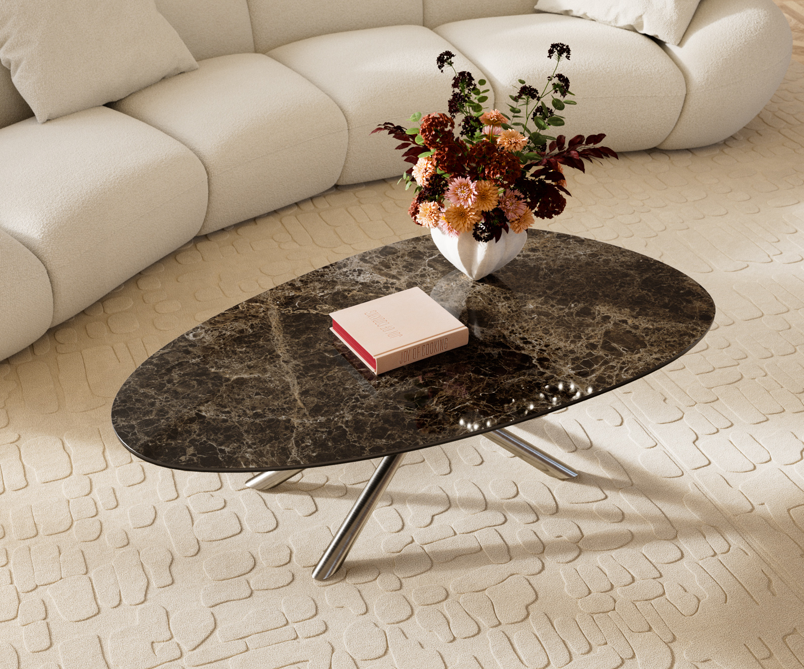 Konferenční stolek Edge oválný 140x75 cm keramika Laminam® Emperador Extra Lucidato tmavě hnědá Sarity nerezová ocel broušená - Obrázek 4