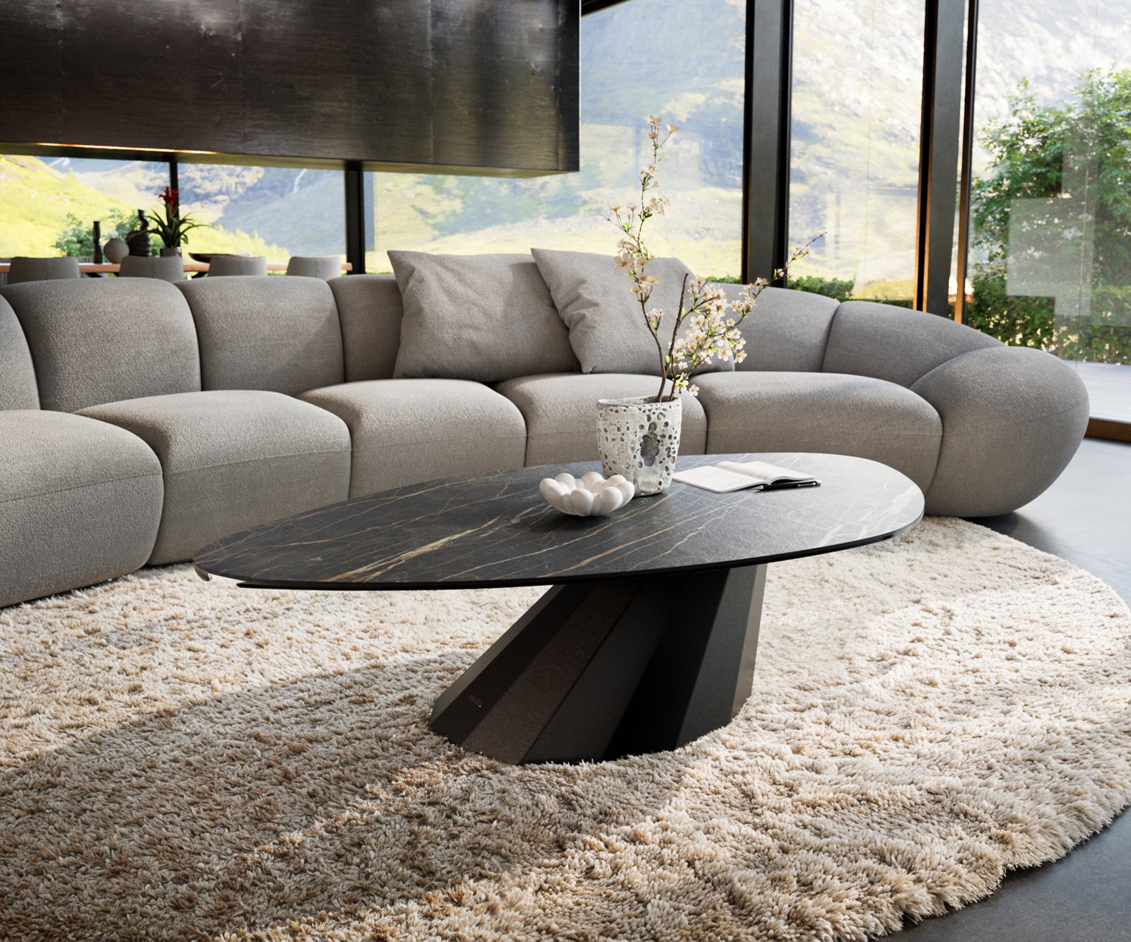 Konferenční stolek Edge organický 140x76 cm keramika Laminam® Noir Desir hnědá Parabi kov černá