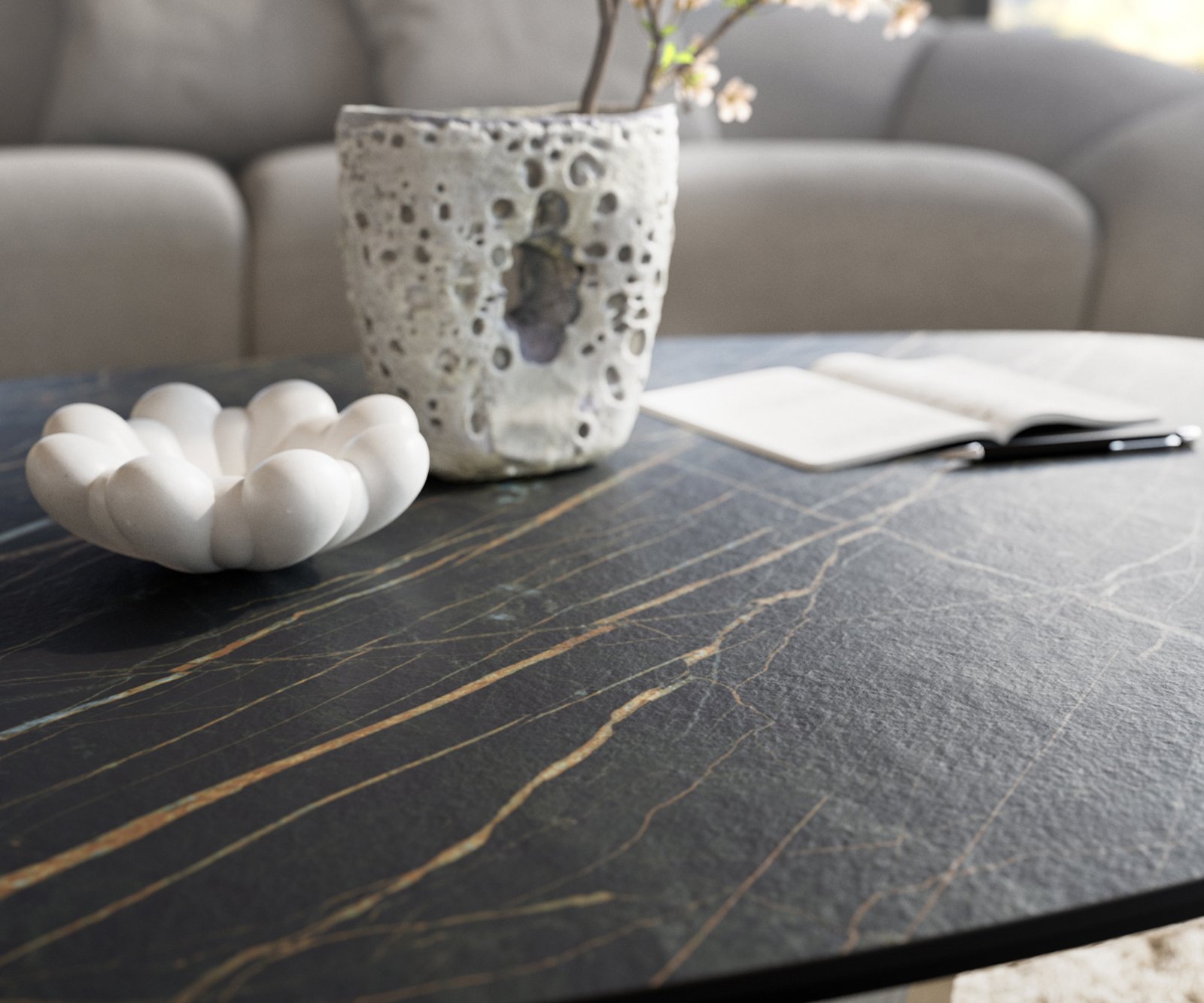 Konferenční stolek Edge organický 140x76 cm keramika Laminam® Noir Desir hnědá Parabi metalická stříbrná - Obrázek 7