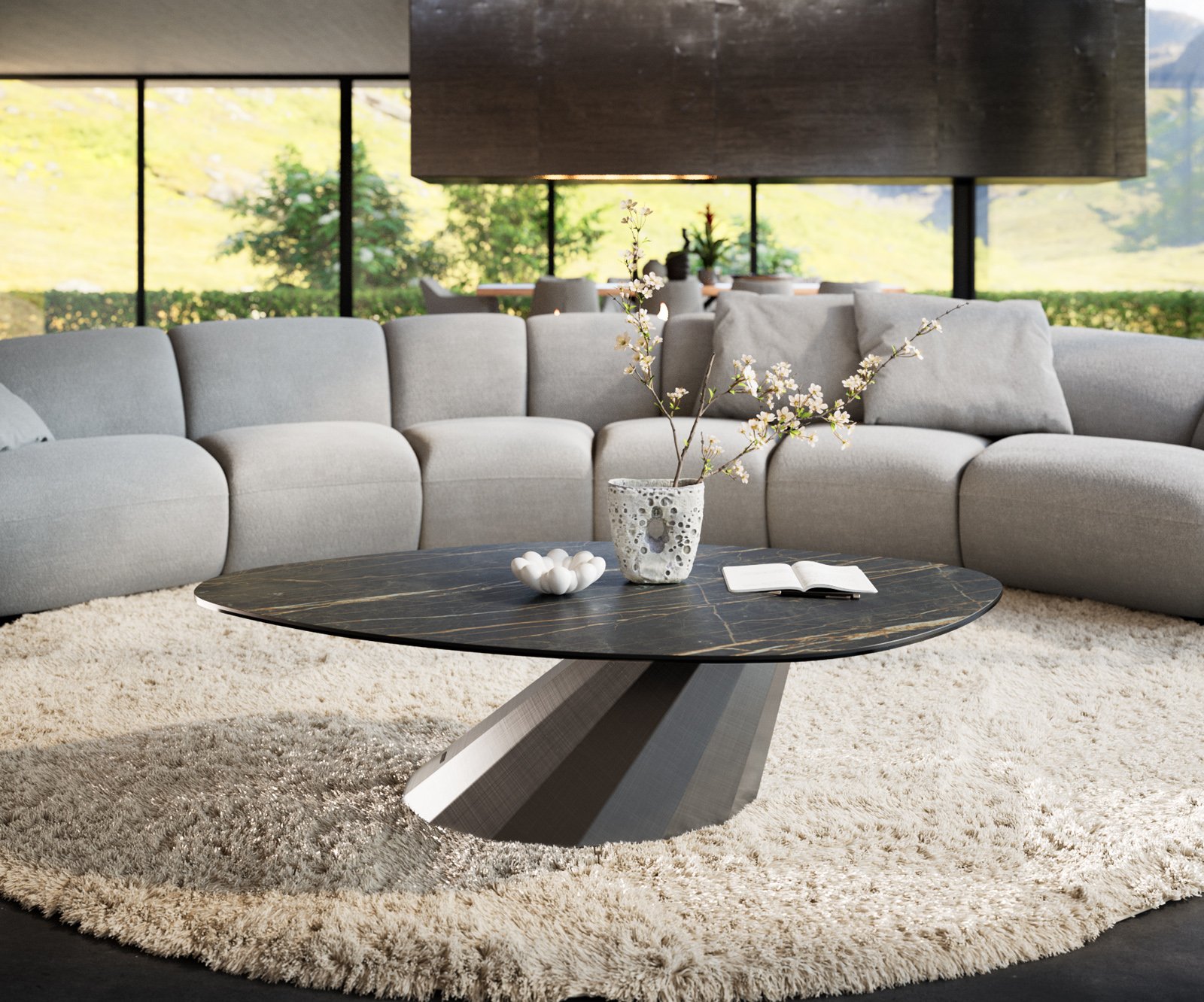 Konferenční stolek Edge organický 140x76 cm keramika Laminam® Noir Desir hnědá Parabi metalická stříbrná - Obrázek 2