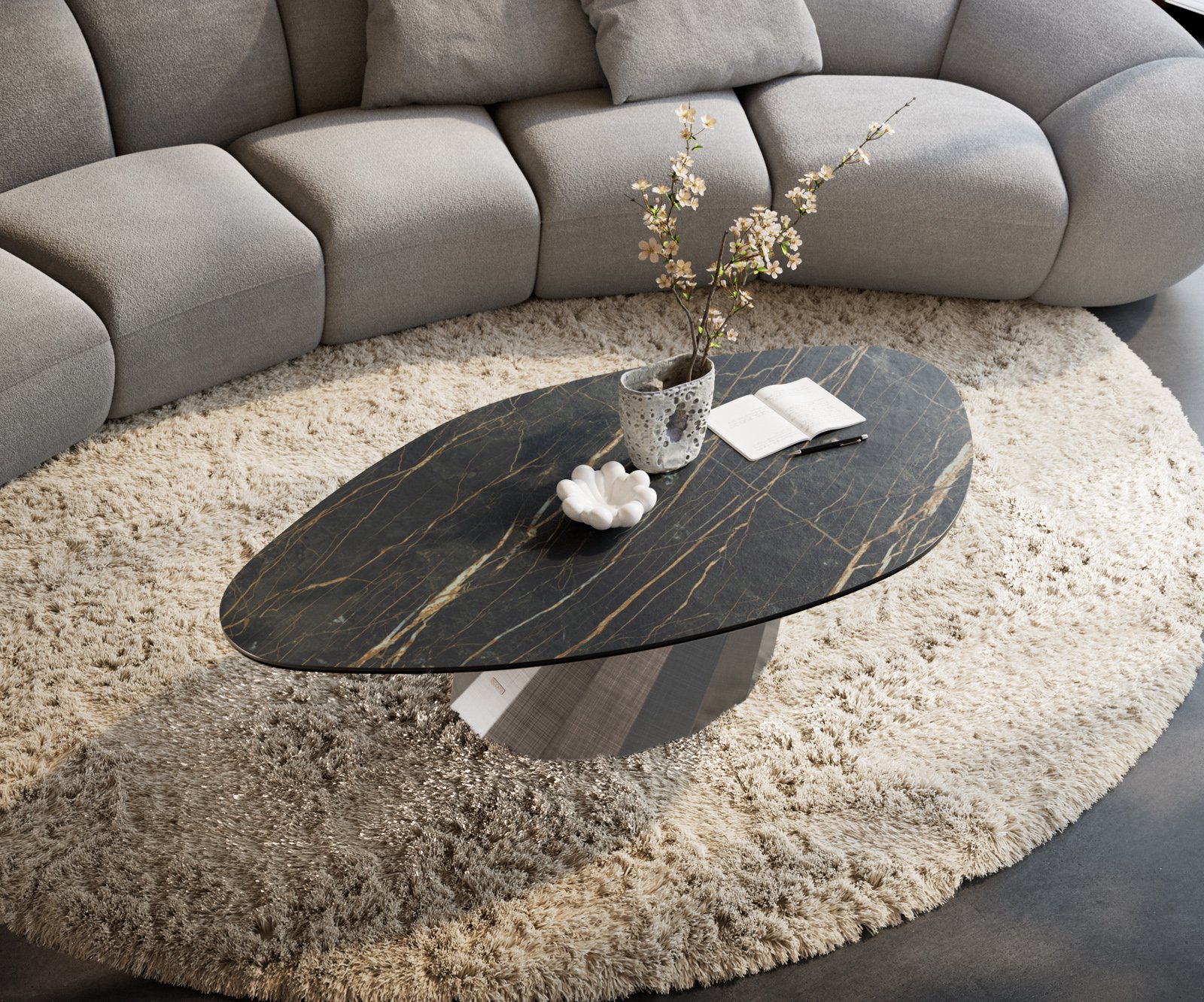 Konferenční stolek Edge organický 140x76 cm keramika Laminam® Noir Desir hnědá Parabi metalická stříbrná - Obrázek 4