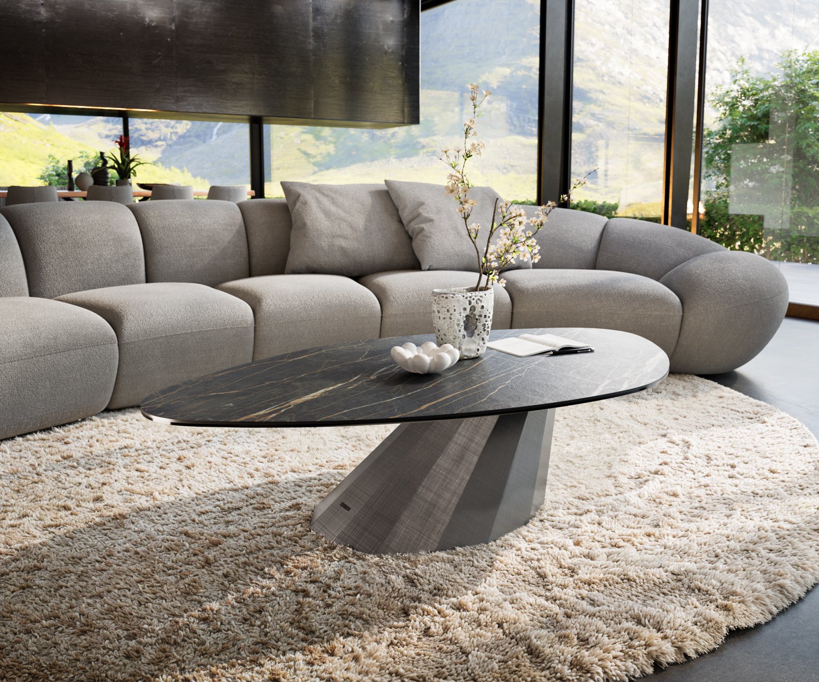 Konferenční stolek Edge organický 140x76 cm keramika Laminam® Noir Desir hnědá Parabi metalická stříbrná