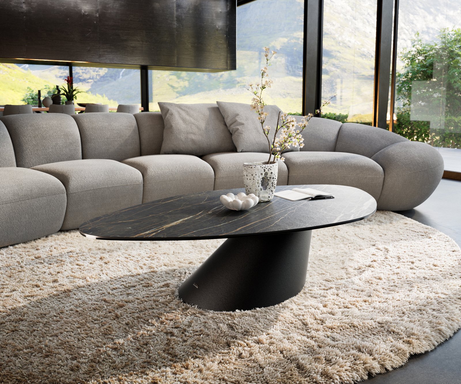 Konferenční stolek Edge organický 140x76 cm keramika Laminam® Noir Desir hnědá Conis kov černá